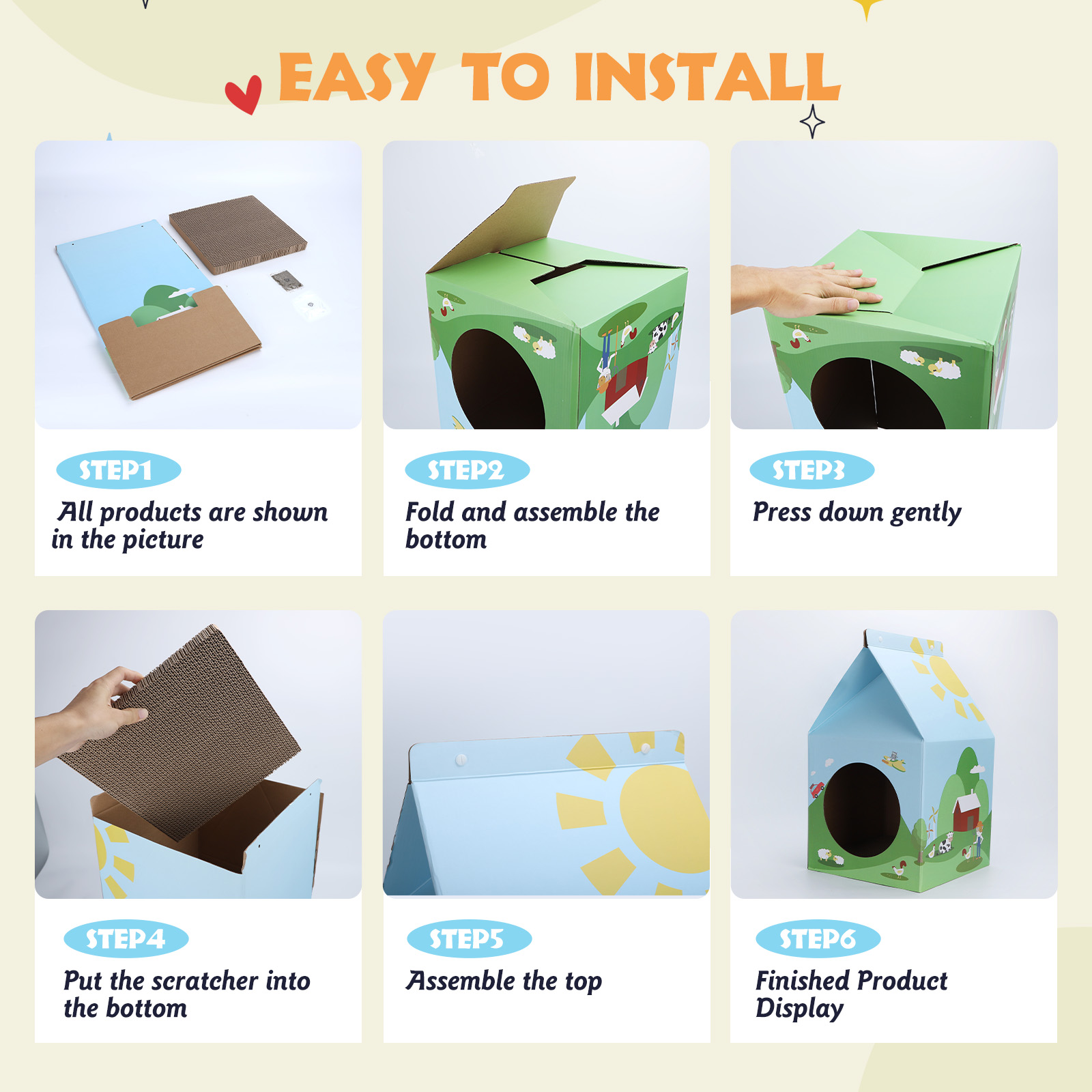 Instrucciones de montaje paso a paso para una casa para gatos. Pasos ilustrados y texto.