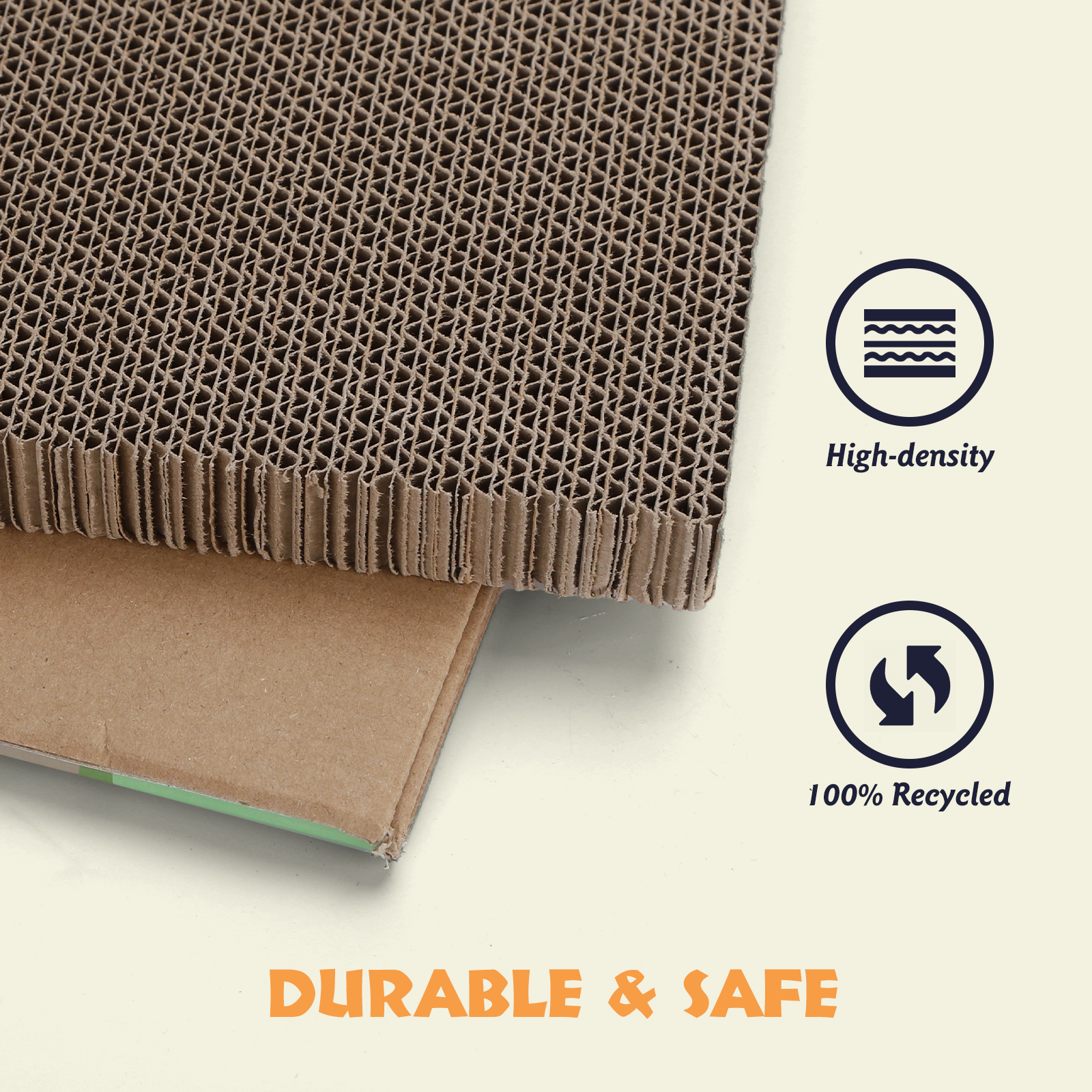 Primer plano de cartón corrugado. Color marrón, textura visible. Texto: Duradero y Seguro.