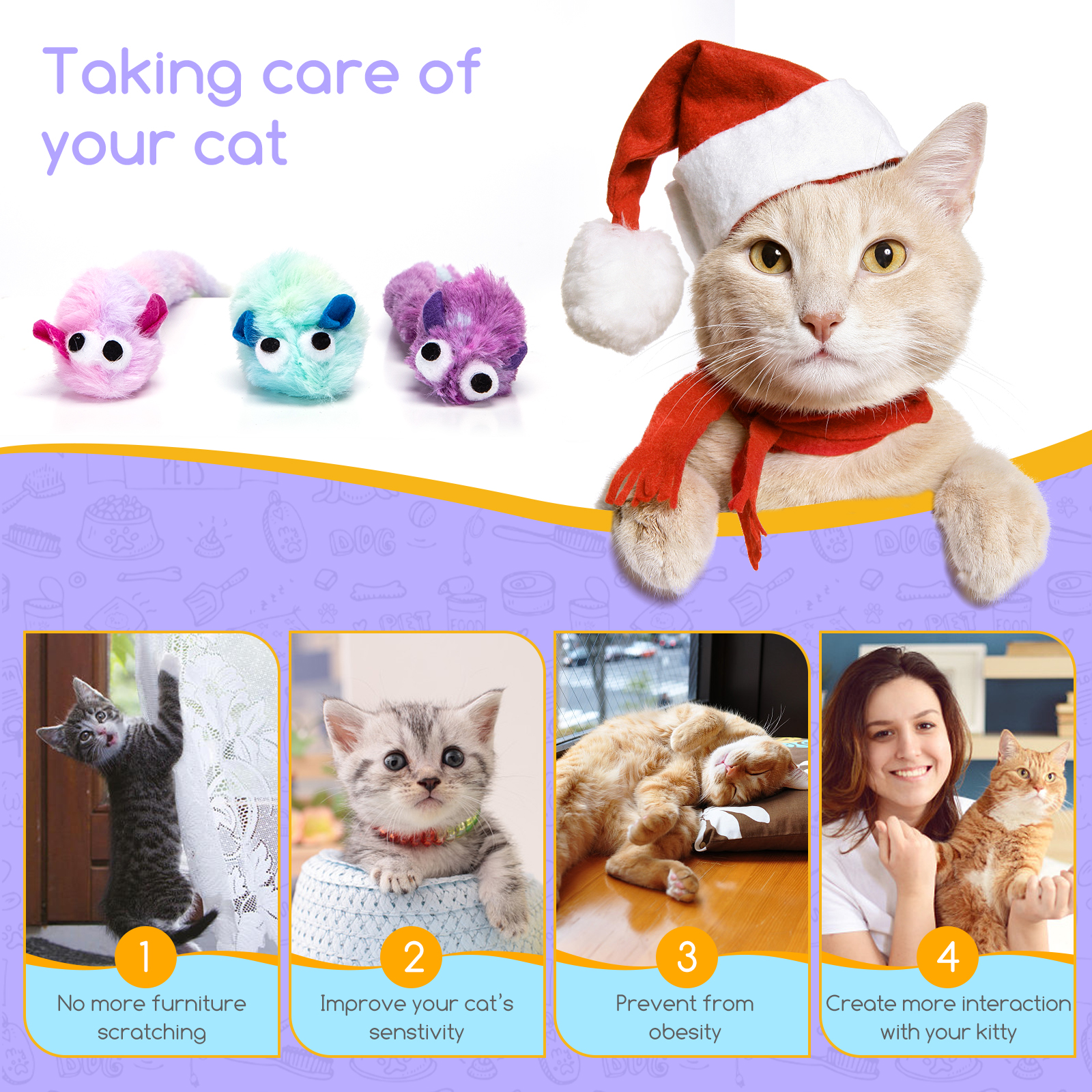 Guía de cuidado de gatos con juguetes, un gato navideño e imágenes mostrando rasguños, sensibilidad y prevención.
