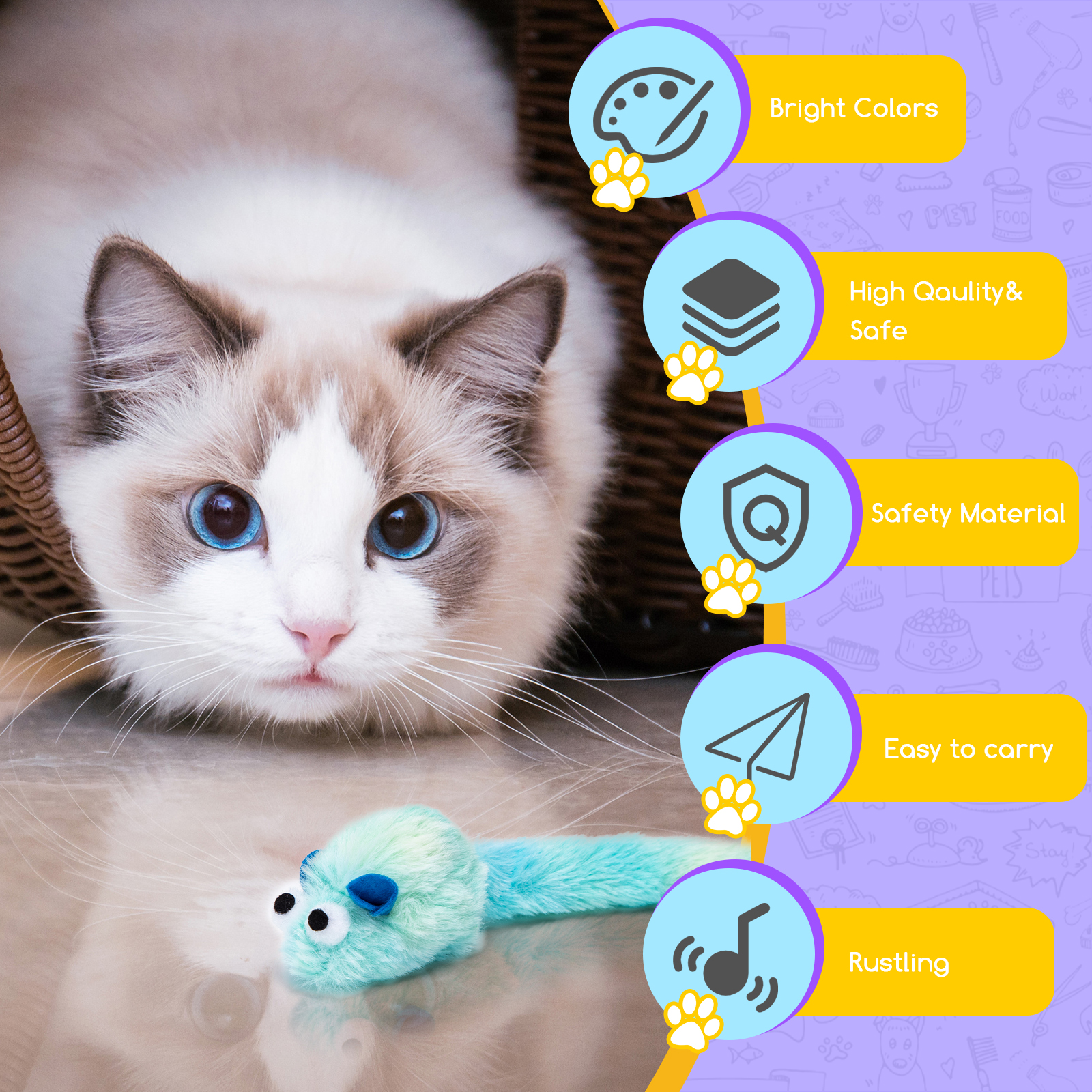 Gato con ojos azules mirando un ratón de juguete. Iconos describen características del producto, color y seguridad.