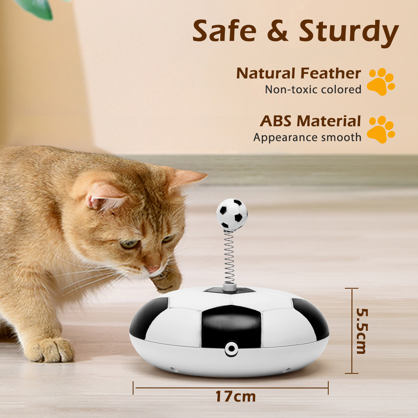 Un juguete para gatos: un balón de fútbol sobre un resorte con dimensiones y texto: 'Seguro y resistente'.