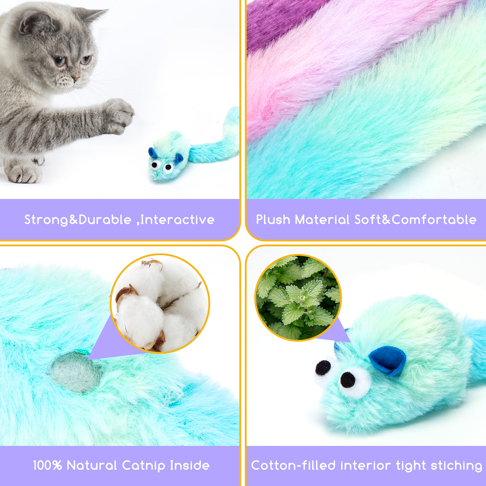 Primer plano de un ratón de juguete para gatos. Es azul y verde, con pelo suave y colorido. Contiene hierba gatera.