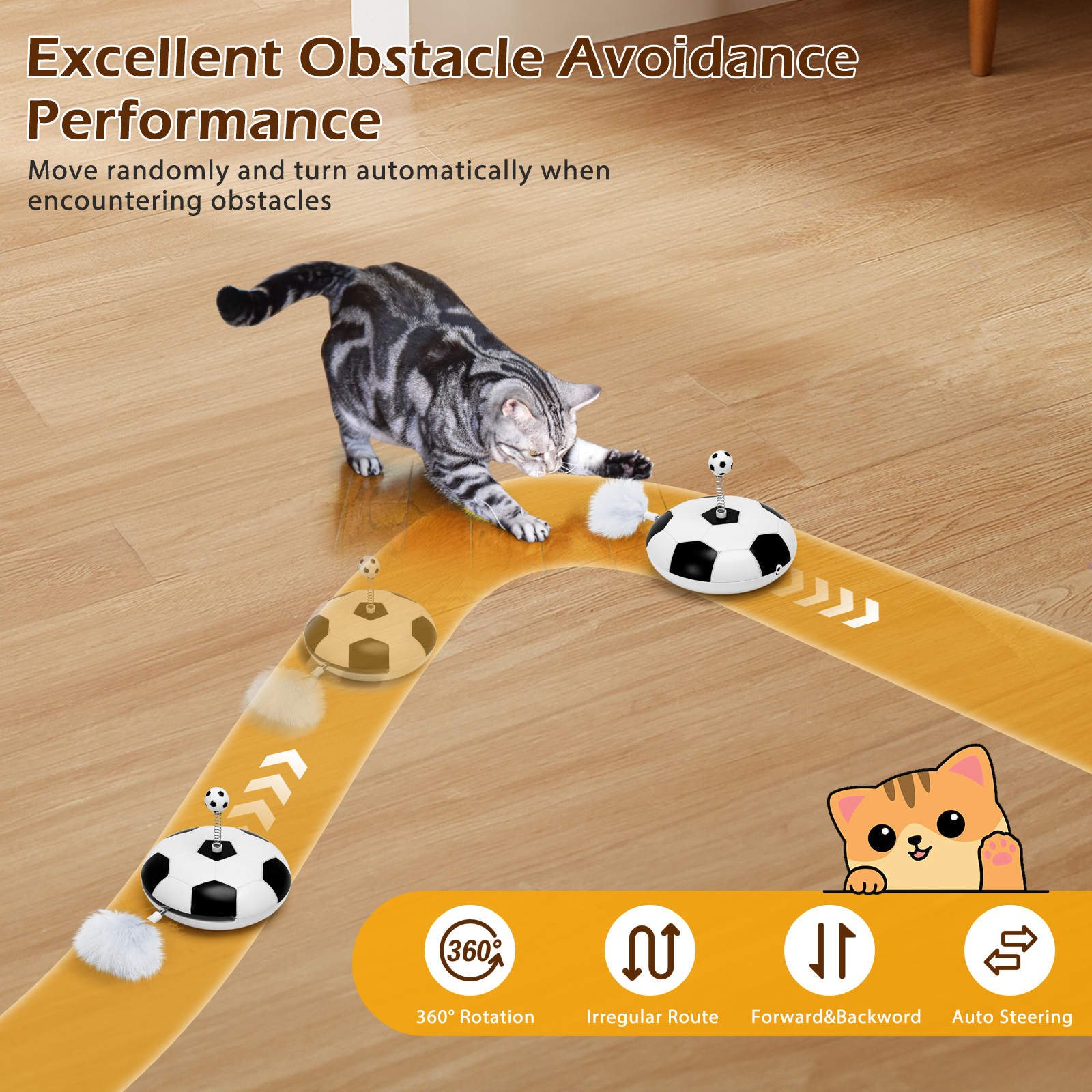 Un gato jugando con un juguete en un suelo con un camino amarillo.