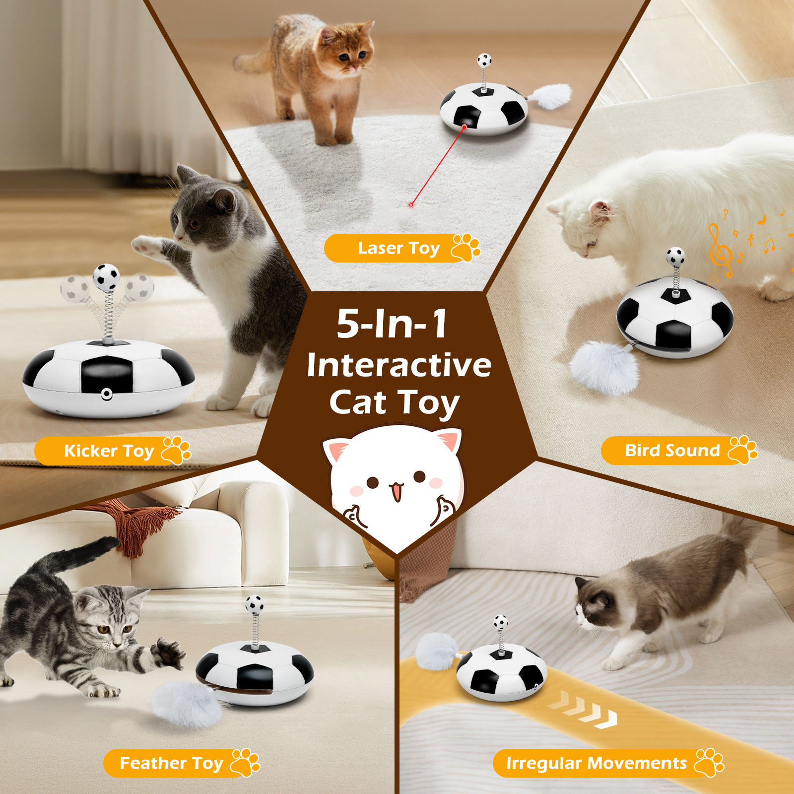 Un juguete interactivo para gatos 5 en 1 con varias actividades para gatos juguetones.