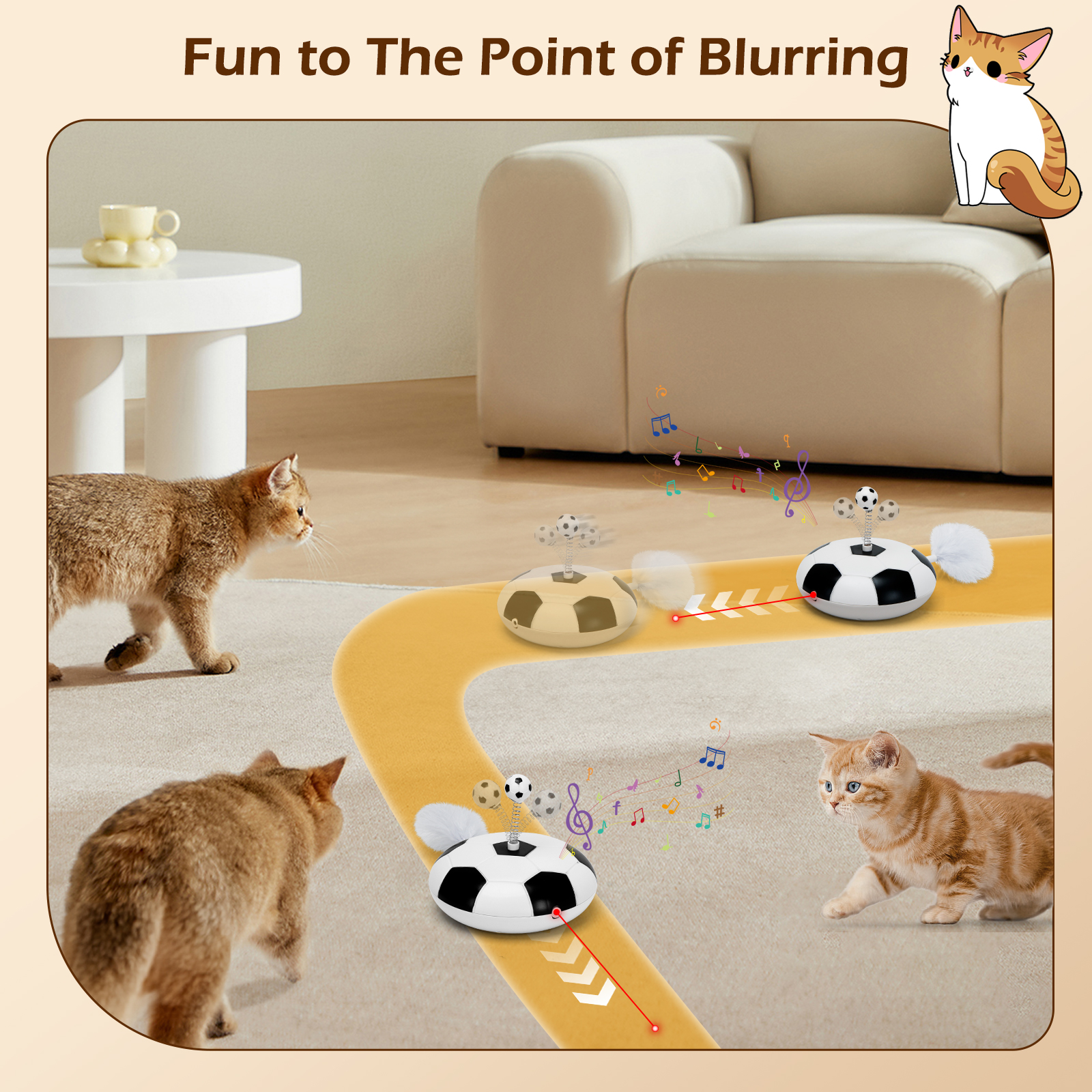 Gatos jugando con juguetes de balón de fútbol. Los juguetes tienen notas musicales.