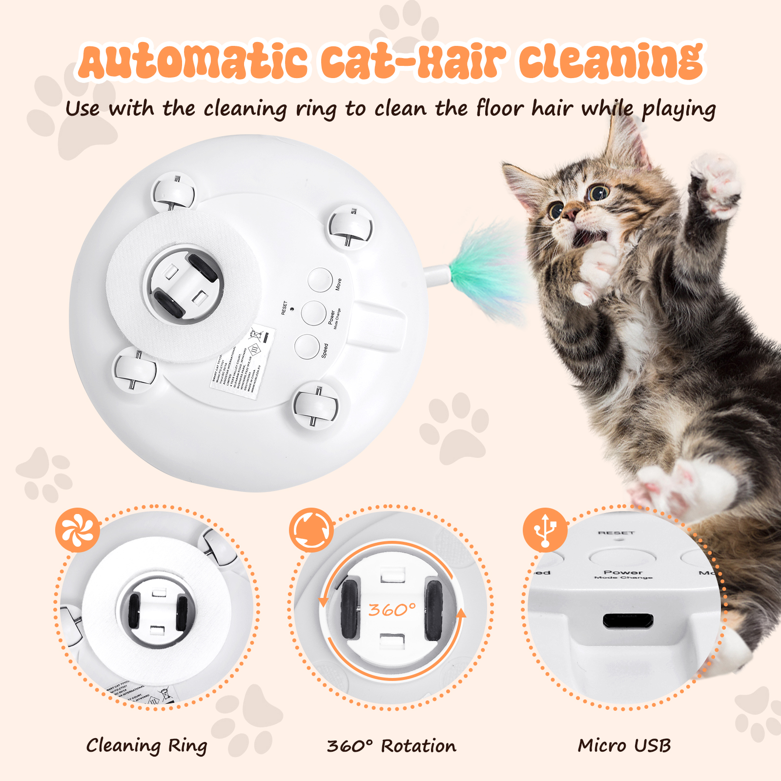 Dispositivo automático de limpieza de pelo de gato con gato juguetón, fondo blanco, detalles.