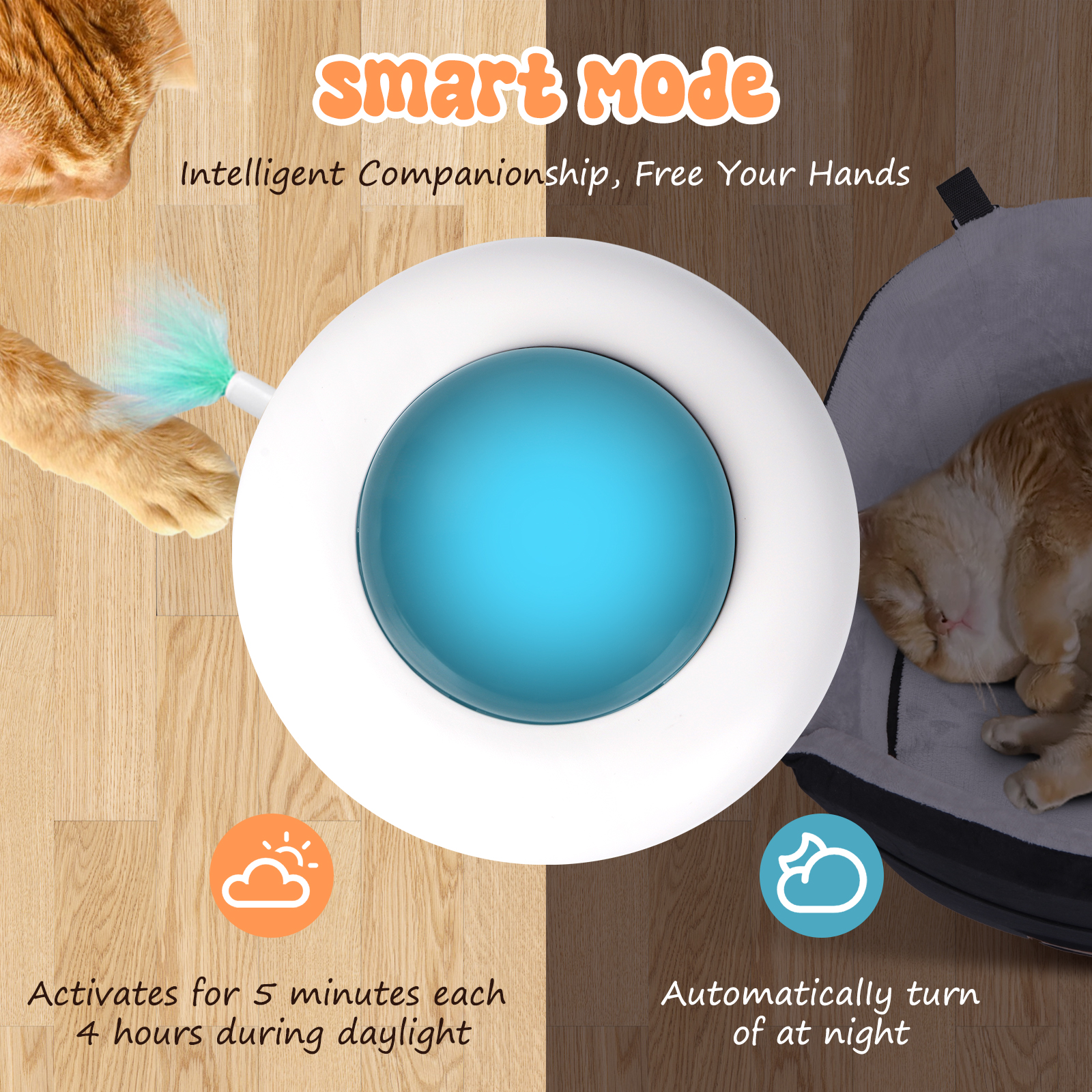 Un juguete para gatos con una luz azul y una varita de plumas. Cuenta con un modo inteligente con apagado nocturno automático.