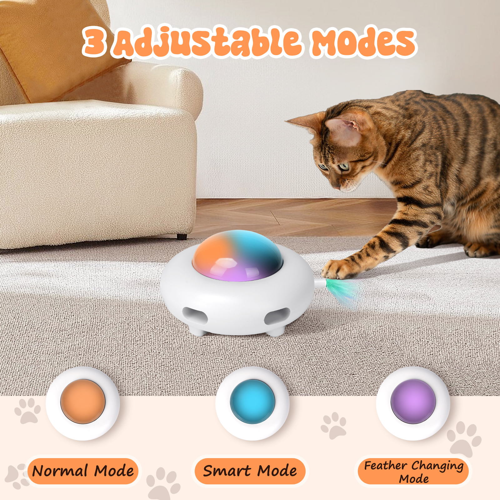 Un juguete para gatos con tres modos, base blanca y luz central. Tiene tres botones de modo.