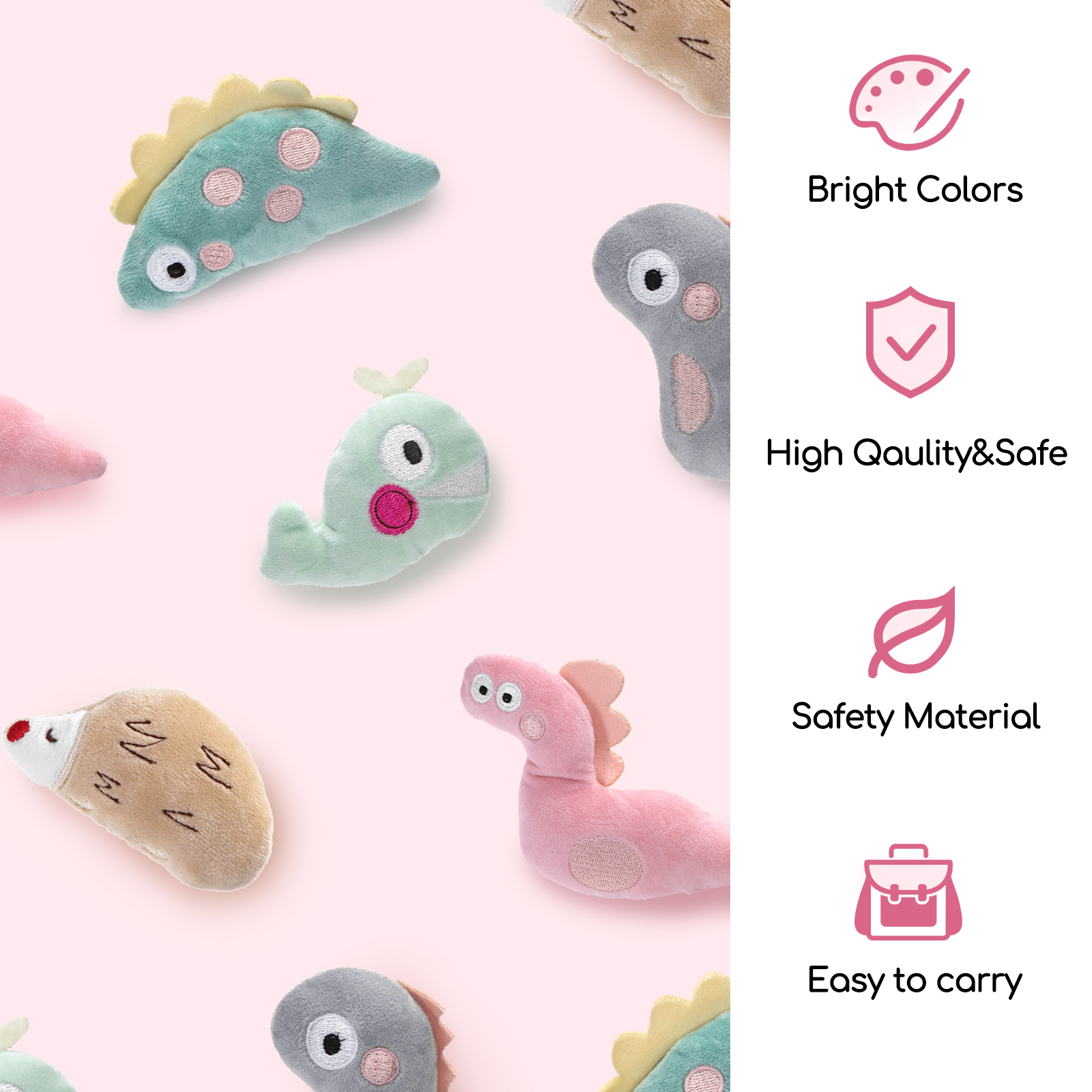 Una colección de peluches coloridos con forma de animales, sobre fondo rosa.