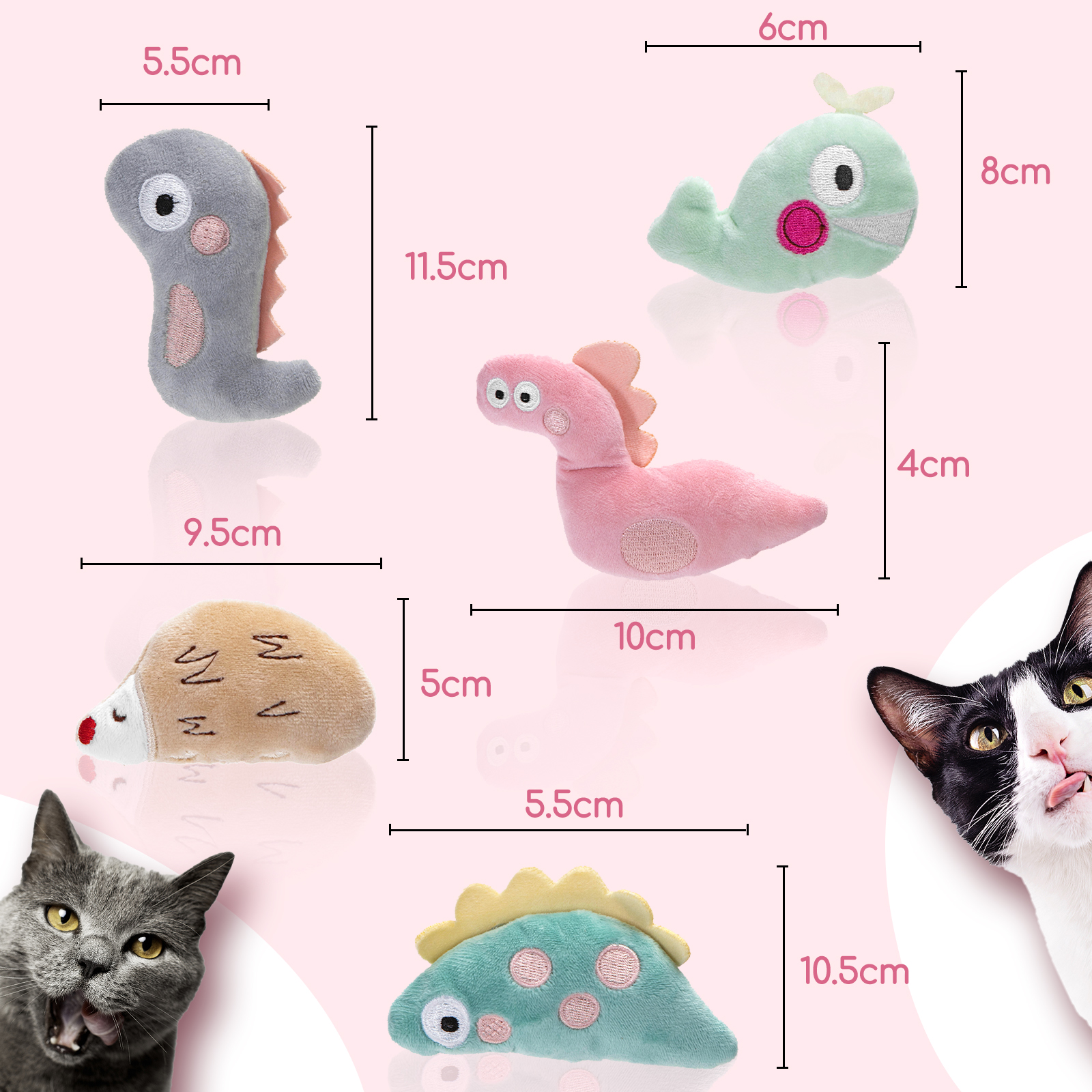 Varios juguetes para gatos, incluyendo un dinosaurio, una ballena y un erizo. Incluye etiquetas de medición.