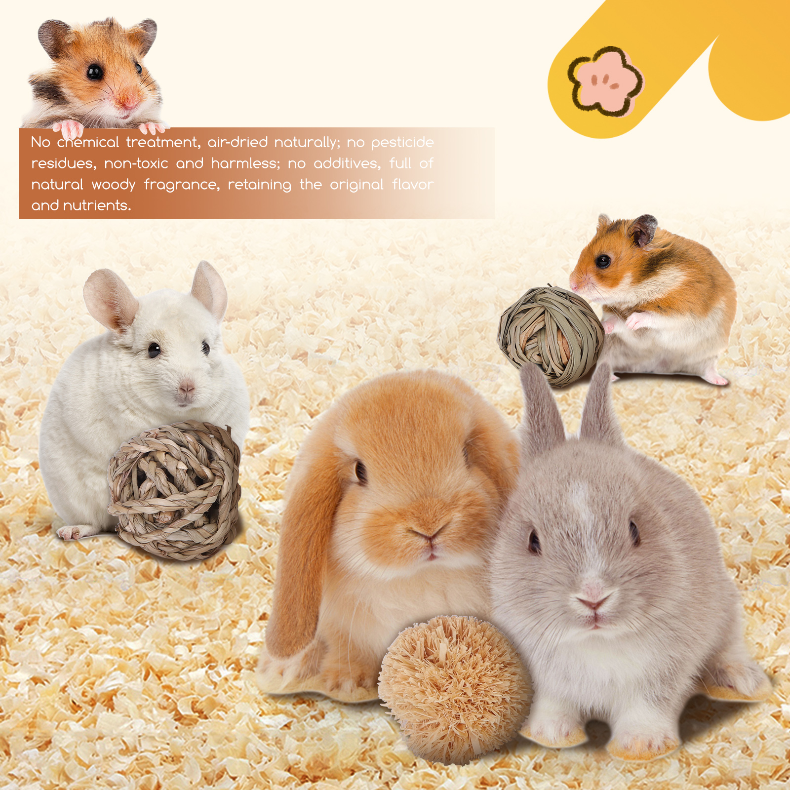 Hámsters, conejos y chinchillas con juguetes de heno. El texto describe las cualidades naturales e inocuas del producto.