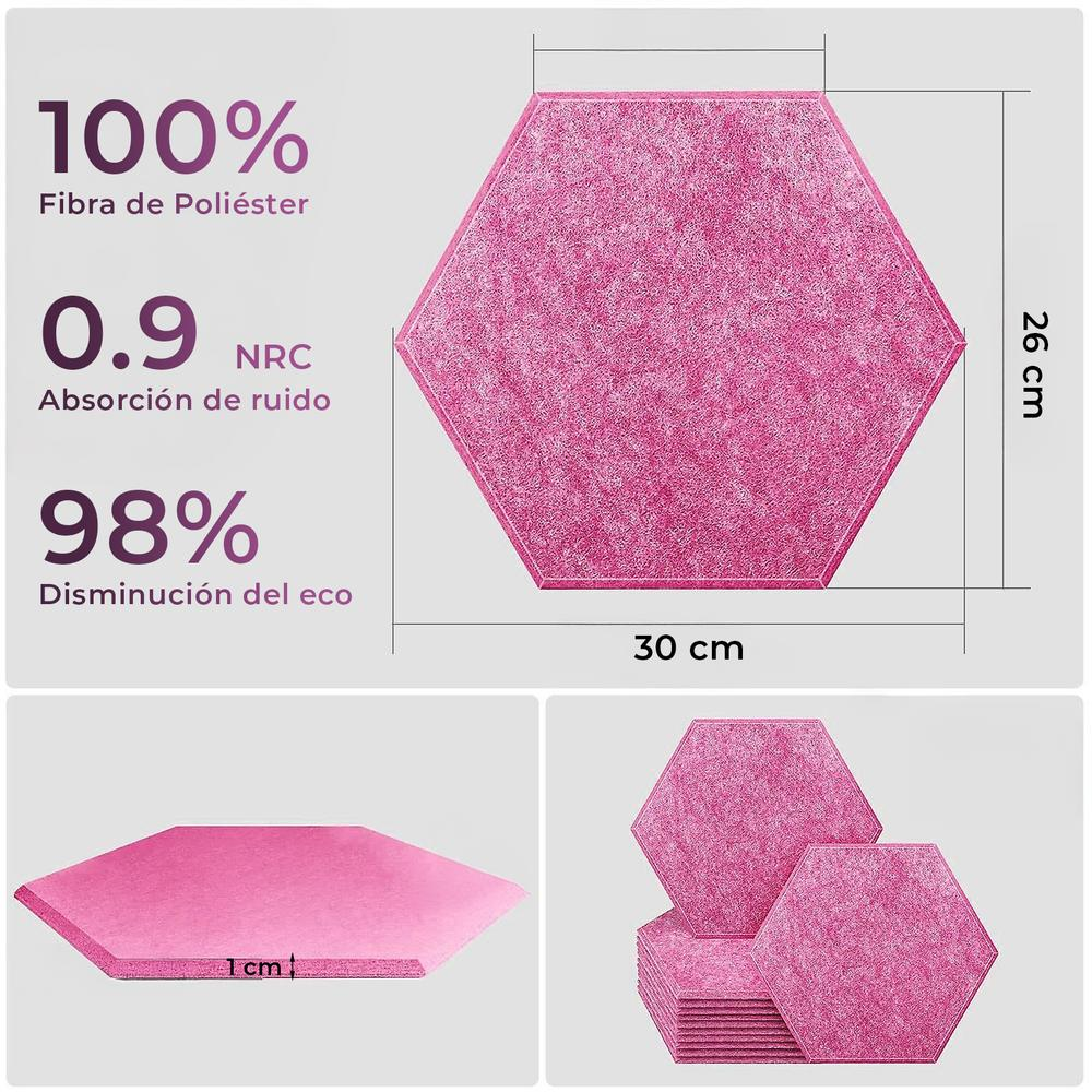 Paneles acústicos hexagonales rosas con texto que detalla el material, la absorción de ruido y la reducción del eco.