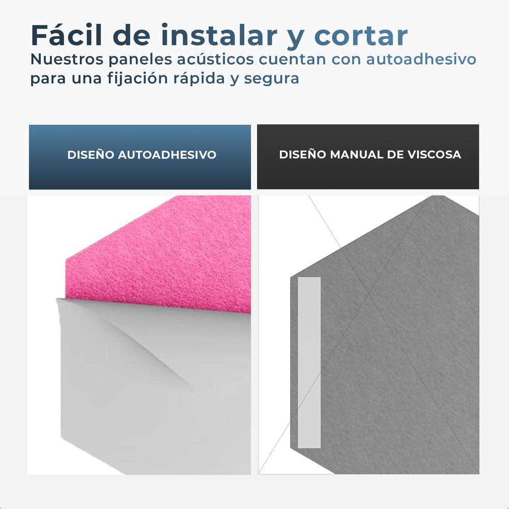 La imagen muestra ejemplos de paneles de insonorización. Uno rosa, otro gris. Ambos en marco blanco.