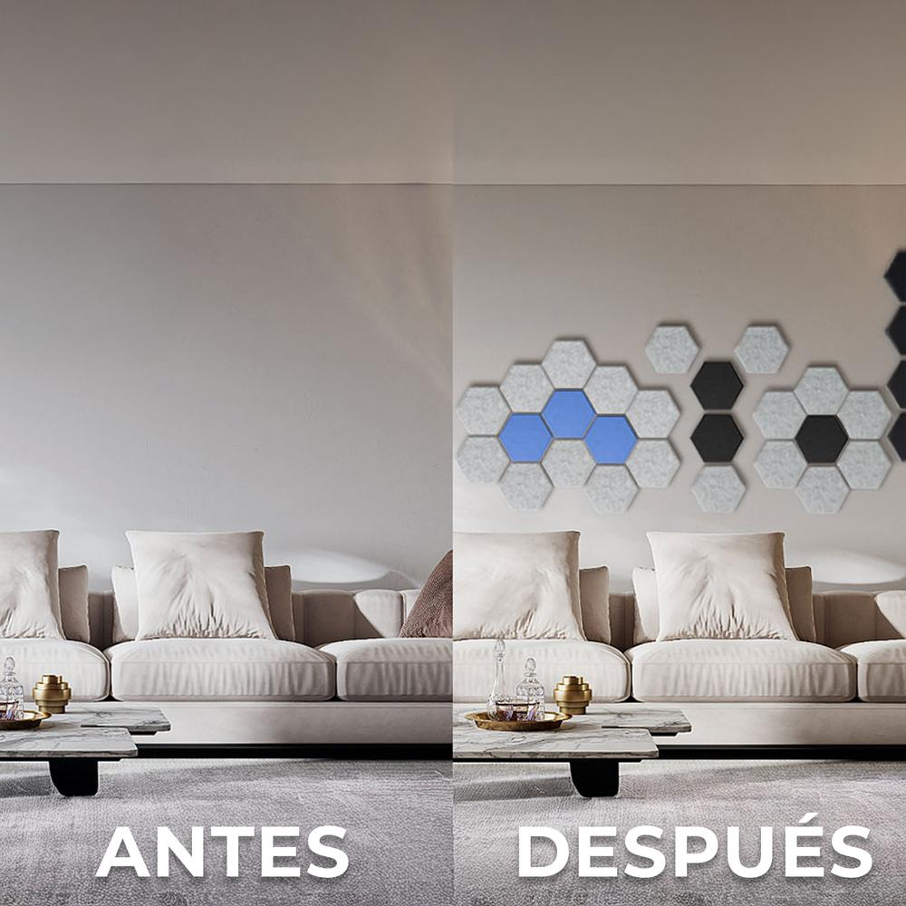 Dos mitades de una habitación: una vacía, la otra con decoración hexagonal en la pared y un sofá.