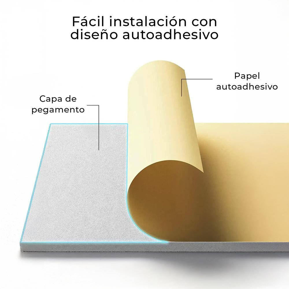 Una demostración de instalación autoadhesiva. Se retira el papel protector.