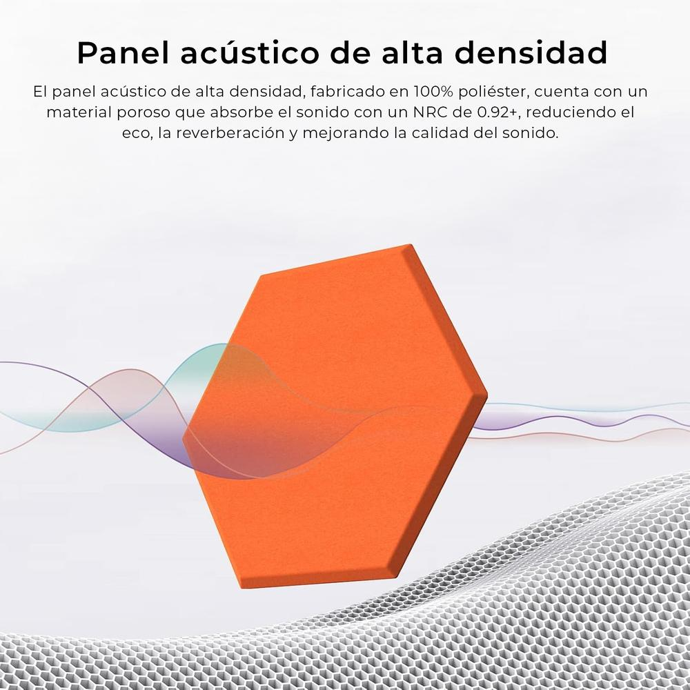 Panel acústico naranja. El panel tiene forma hexagonal y está sobre un fondo blanco.