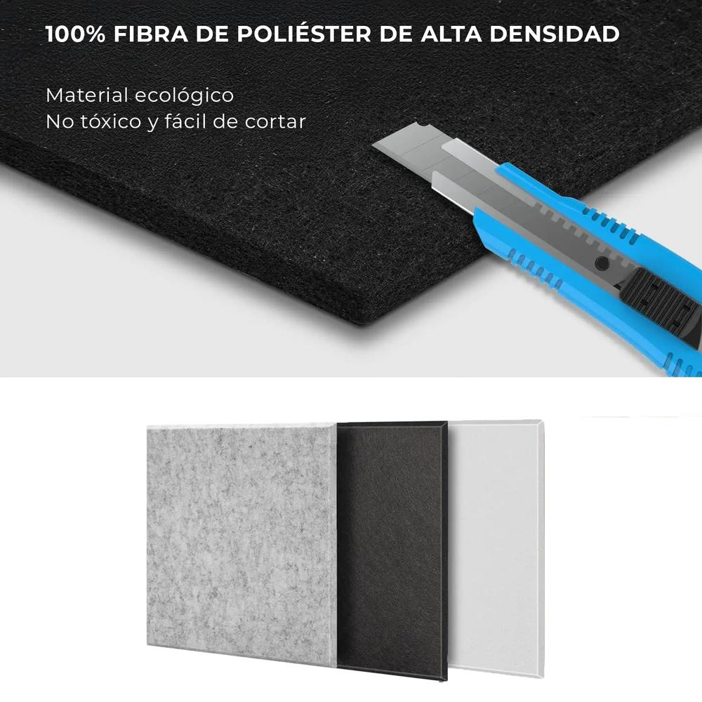 Una lámina de fieltro negro con un cortador azul y tres muestras de color: gris, negro y blanco.