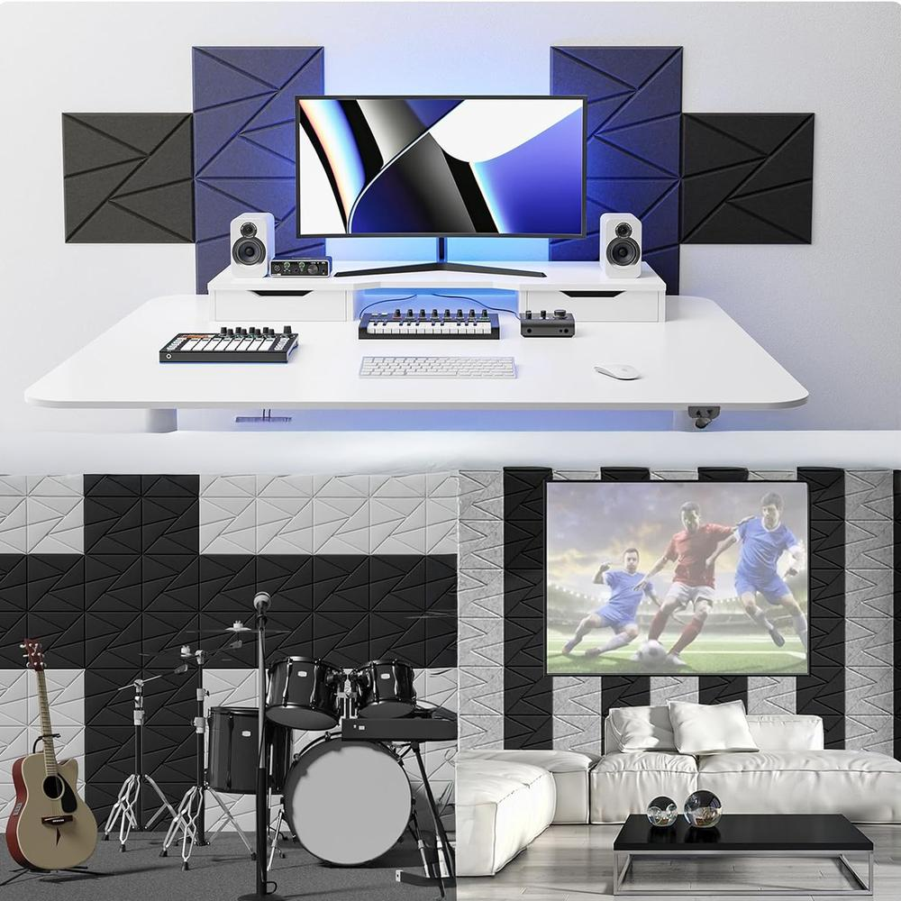 Espacio de trabajo con monitor, altavoces, teclado y paneles absorbentes. Otro con batería, guitarra y TV.