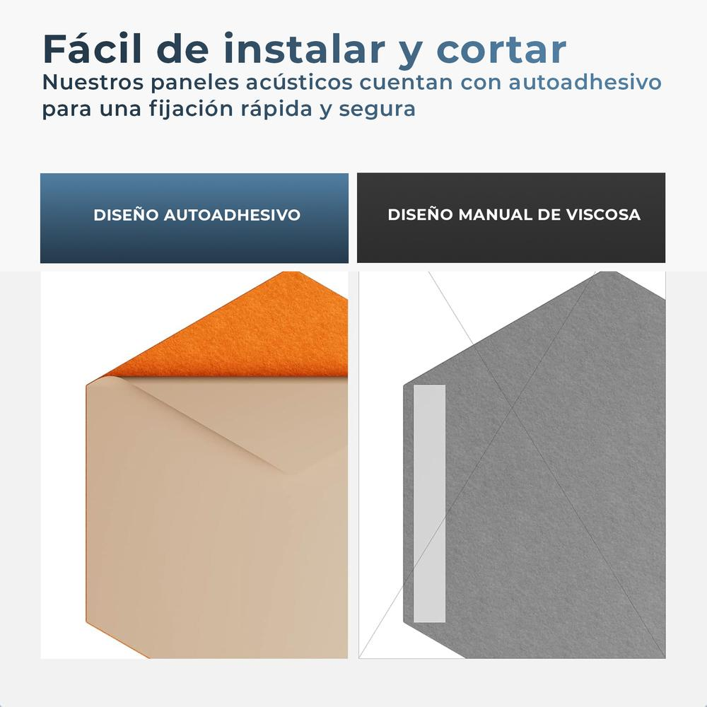 Dos paneles, uno beige con pelado, uno gris. Texto sobre diseño autoadhesivo y viscoso.