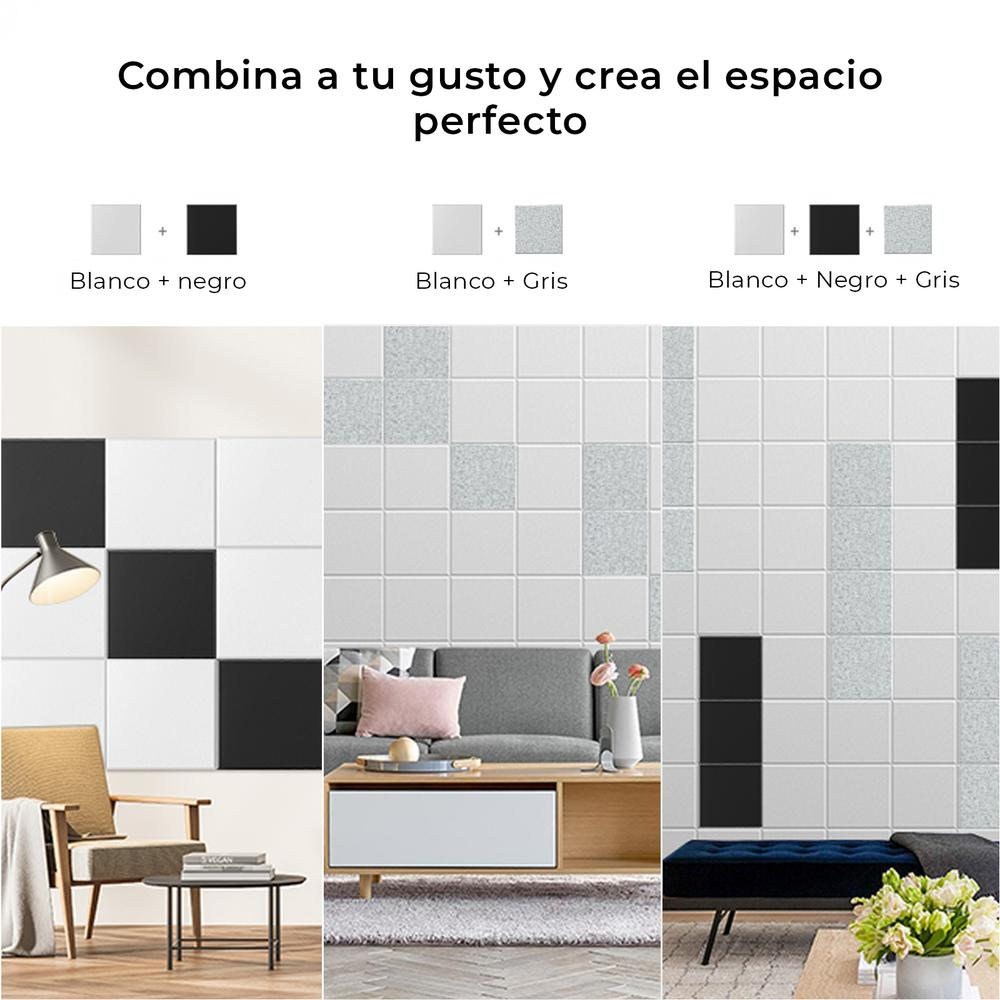 Tres escenas de habitaciones con diferentes diseños de azulejos: negro/blanco, blanco/gris y negro/blanco/gris. Texto: Combina y crea el espacio perfecto.