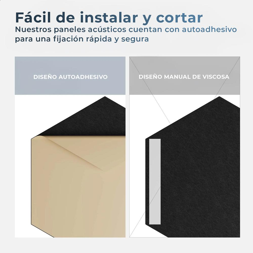 Dos paneles que muestran el diseño autoadhesivo y de viscosa manual para paneles acústicos.
