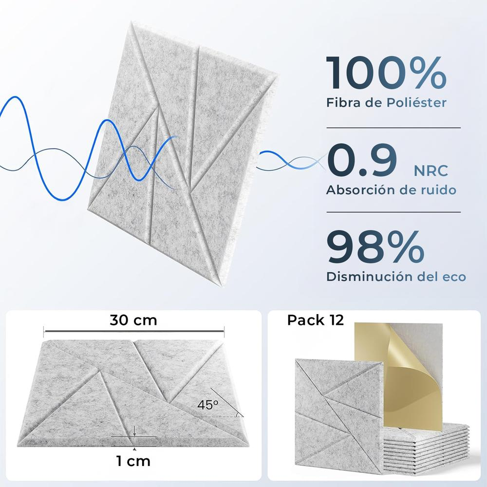 Tres paneles acústicos grises con dimensiones y datos en el fondo.