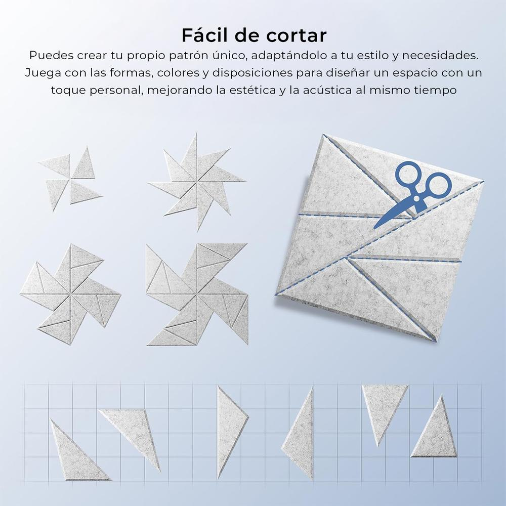 Formas geométricas para decoración de pared, recortadas de fieltro. Algunas se cortan con tijeras.
