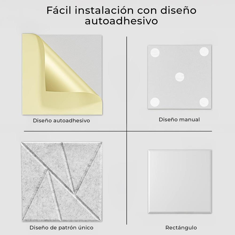 Cuatro cuadrados: uno con pegatina despegada, uno con puntos, uno con patrón, uno blanco liso. Texto arriba: fácil instalación.