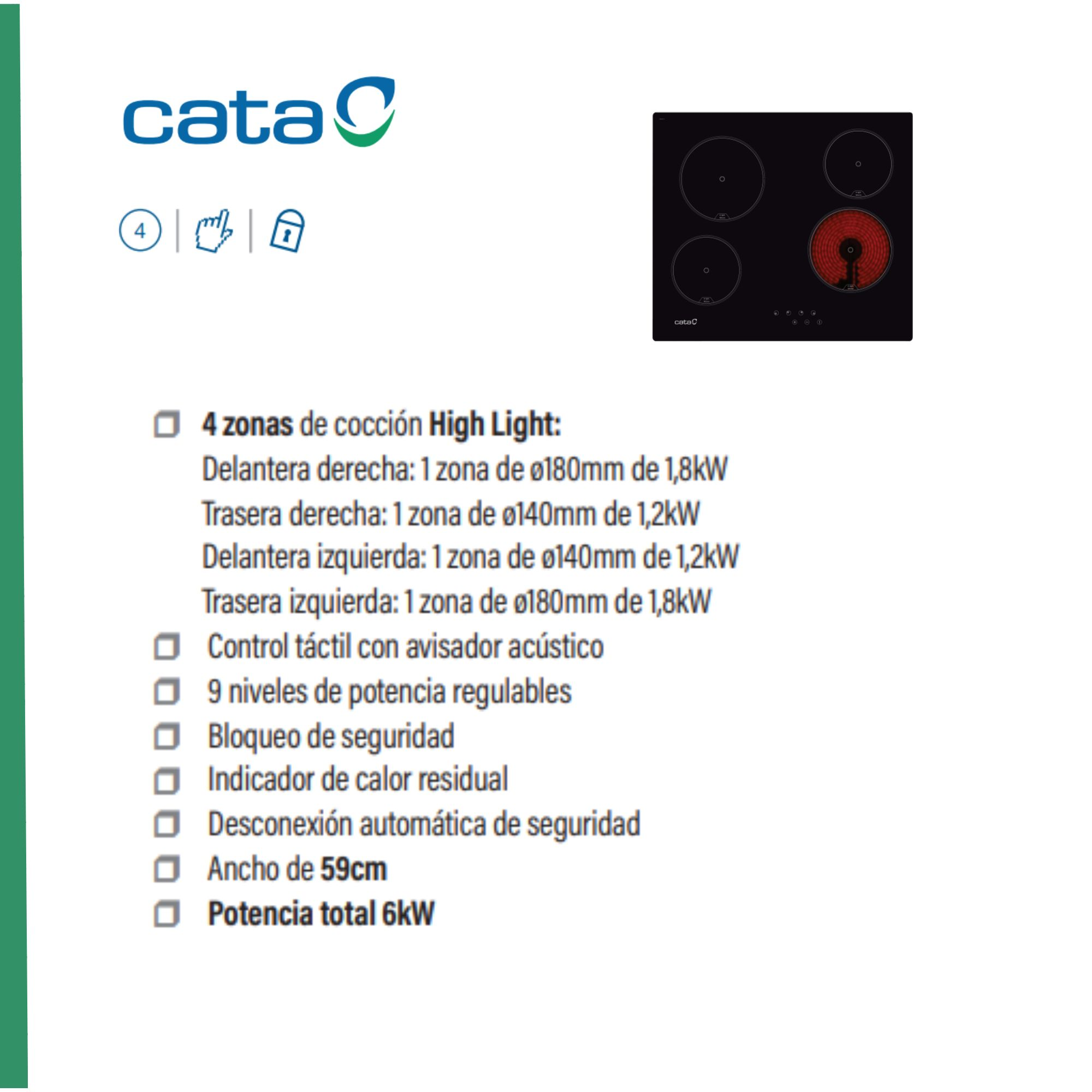 Una placa de cocina con cuatro quemadores y una lista detallada de características.