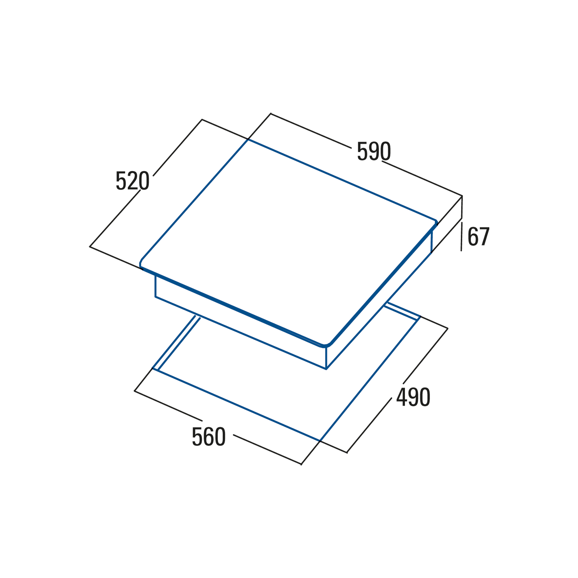 Un diagrama que muestra las dimensiones de una vitrocerámica cuadrada. Las dimensiones están en milímetros.