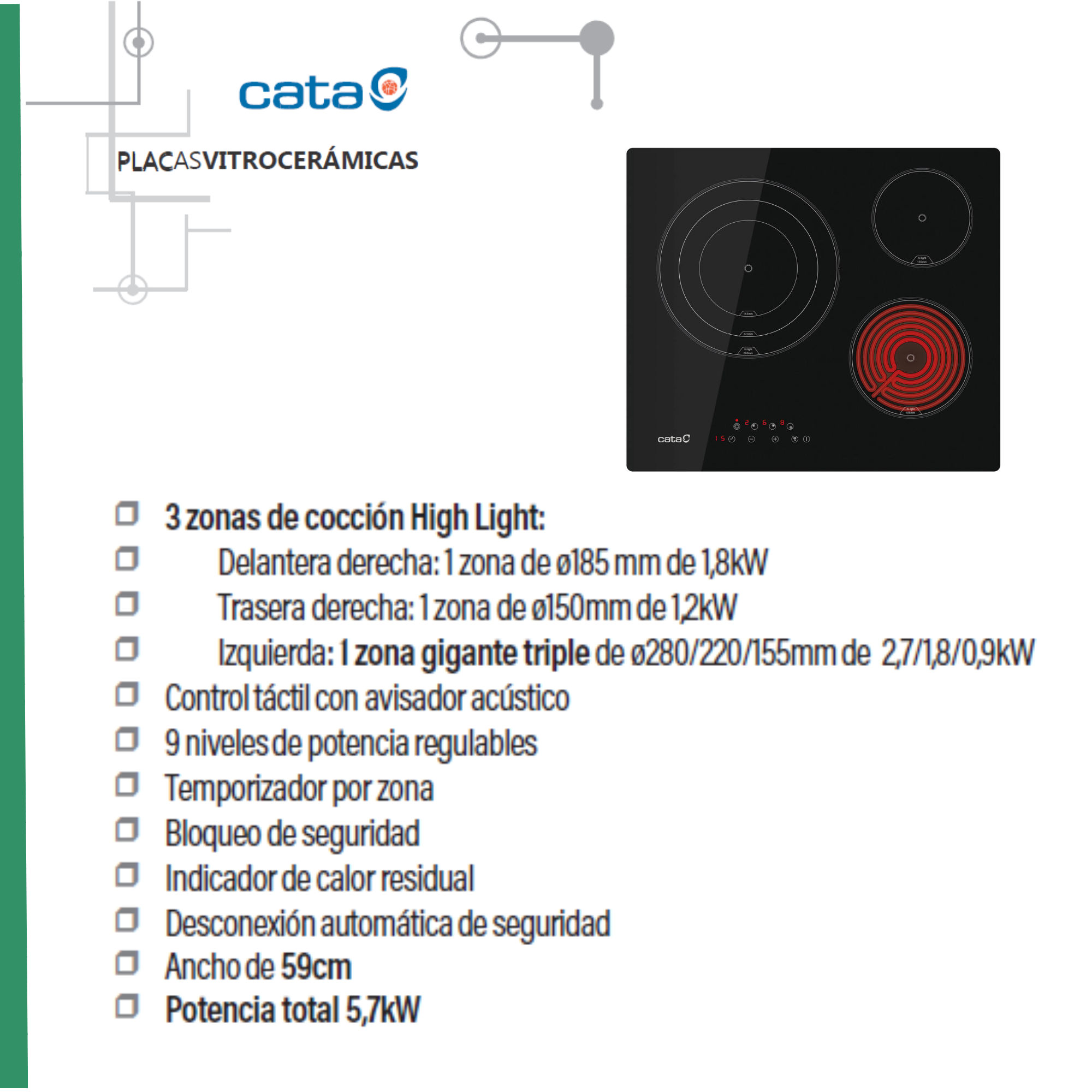 Piano cottura elettrico nero con quattro zone cottura. Testo e simboli sulla superficie.