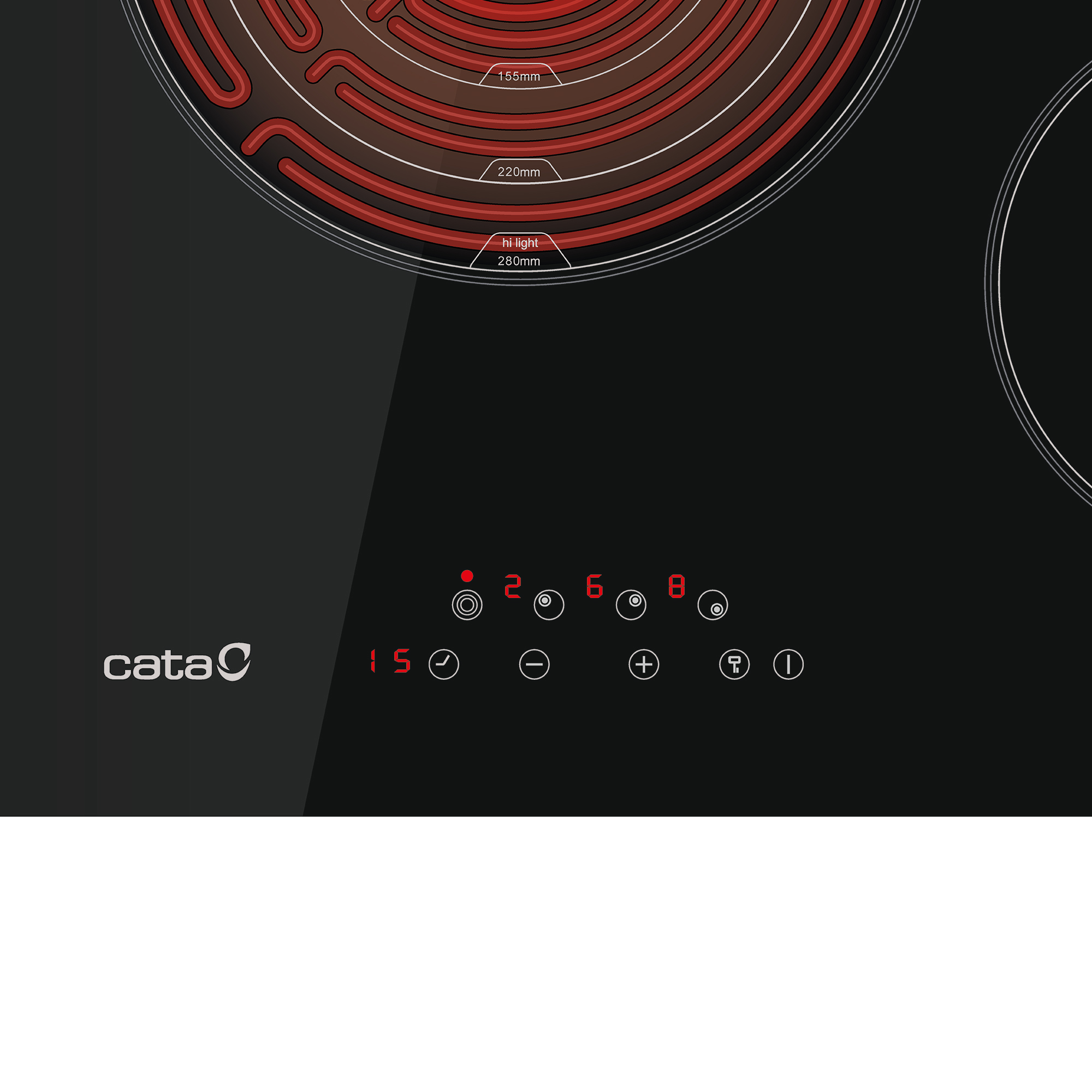 Un piano cottura a induzione Cata nero con zone di cottura rosse e comandi digitali.