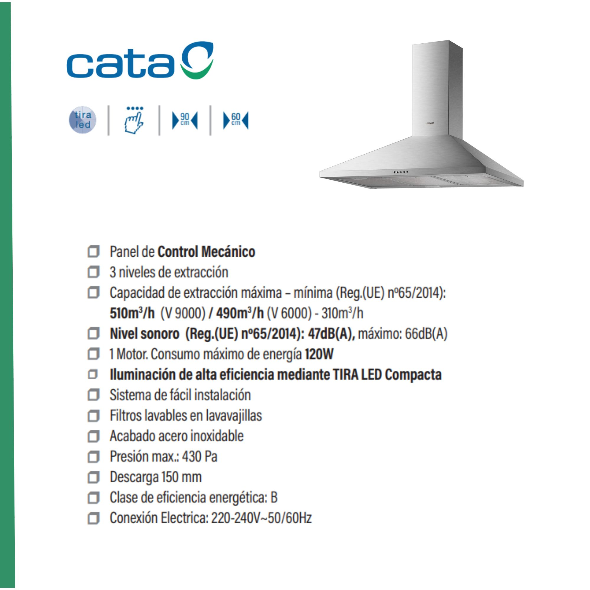 Campana extractora Cata con acabado plateado y especificaciones del producto.