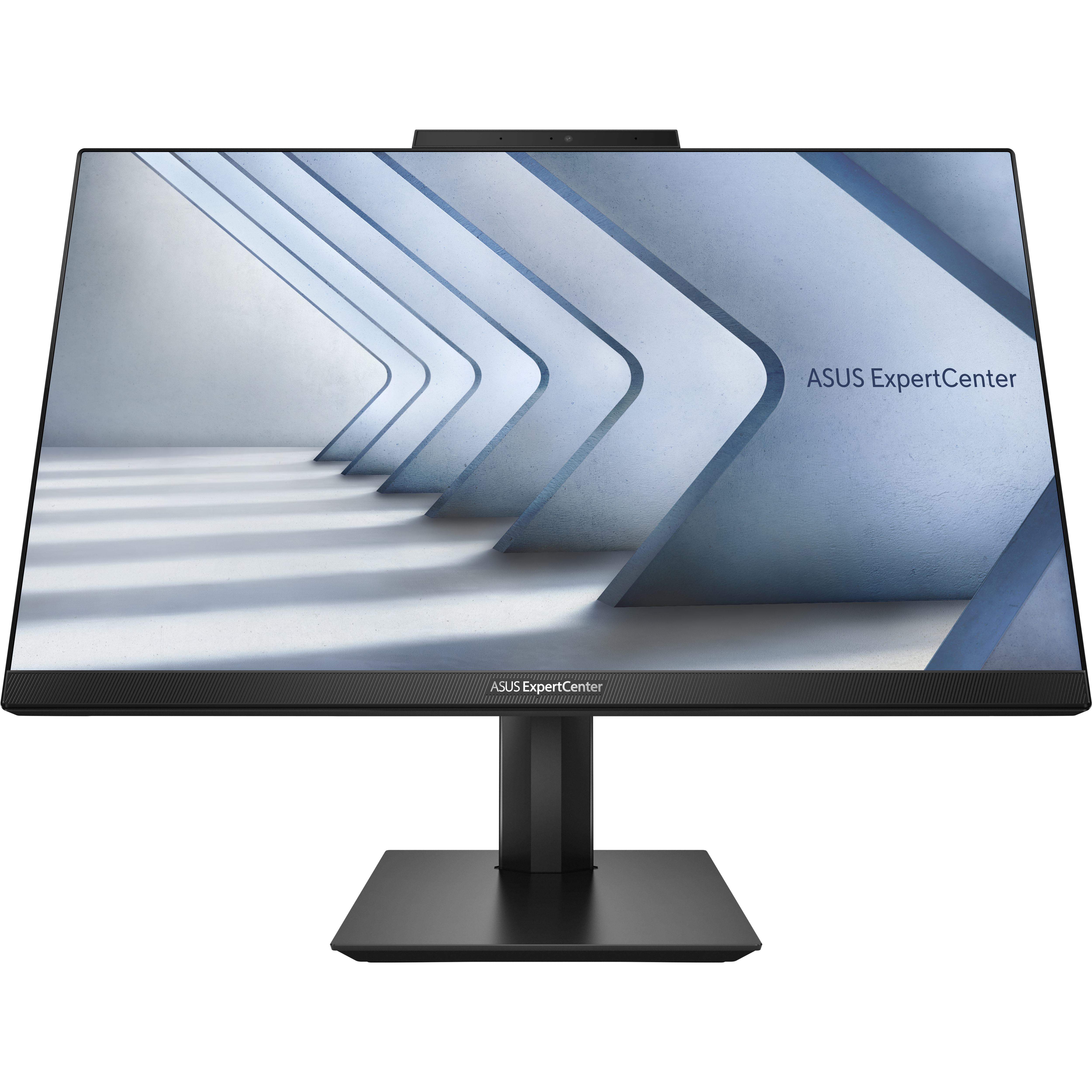 Monitor ASUS ExpertCenter nero, vista frontale. Supporto nero. Lo schermo mostra uno sfondo astratto blu chiaro.