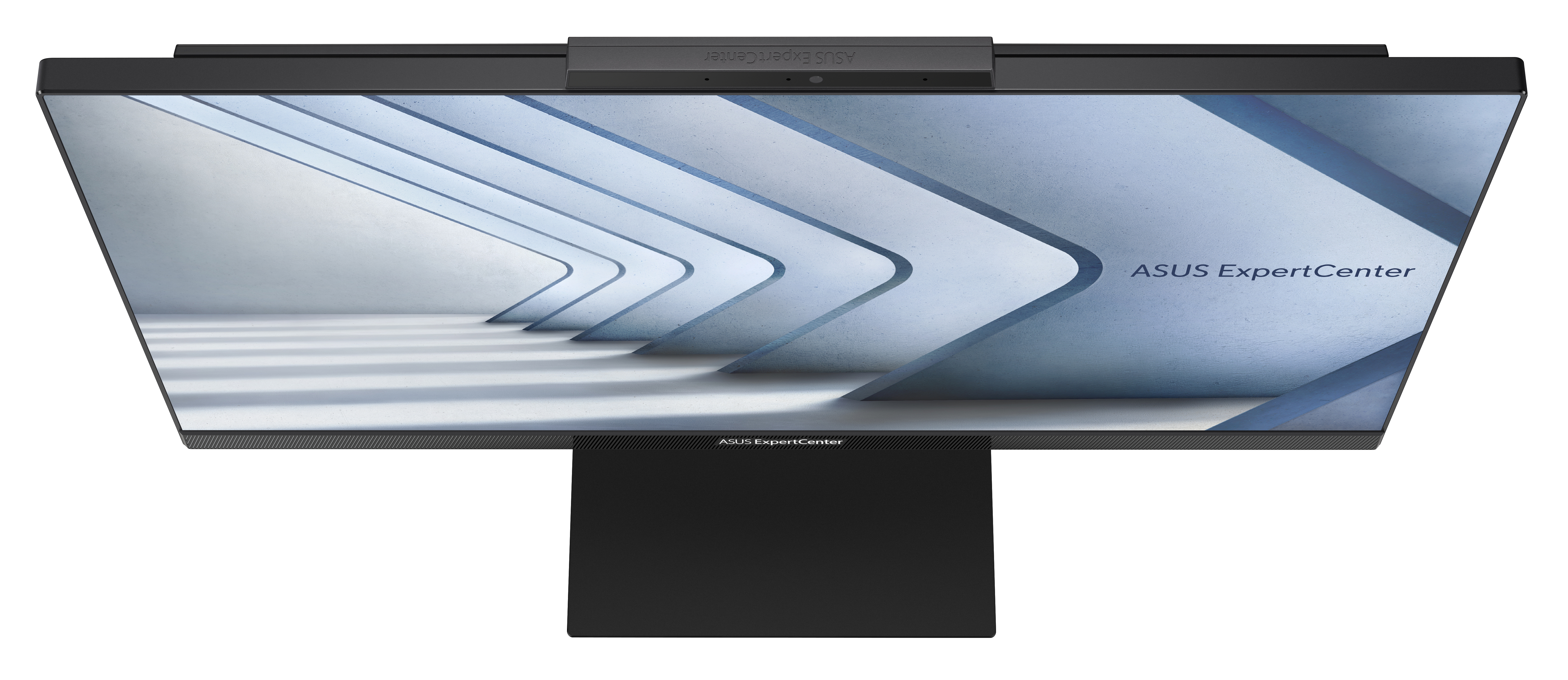 PC ASUS all-in-one nero. Vista dall'alto, supporto nero, schermo con motivo astratto.