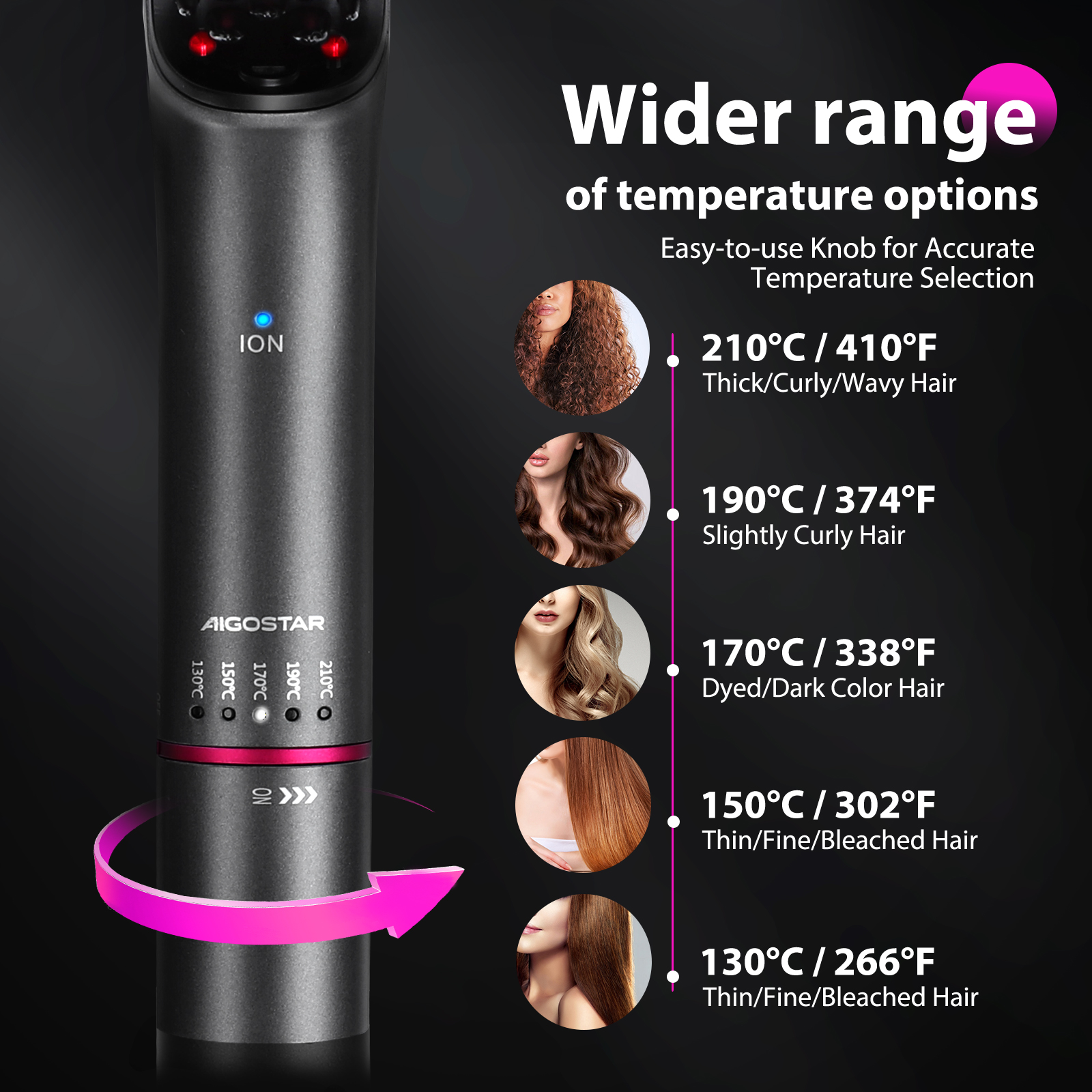 Plancha de pelo con pantalla de ajustes de temperatura. Diferentes tipos de cabello con temperaturas.