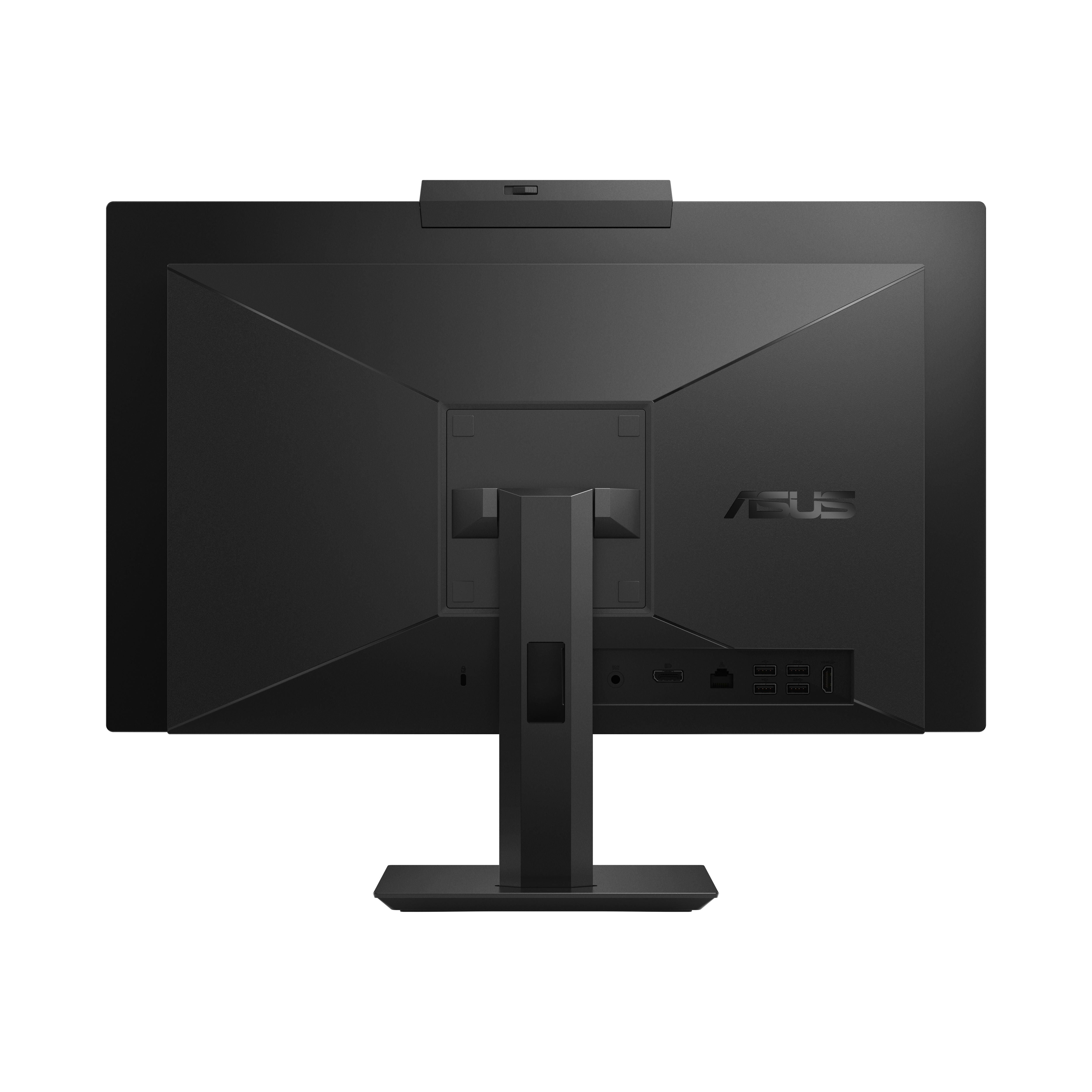 Vista posteriore di un monitor per computer nero con webcam integrata e porte, tra cui HDMI e USB.