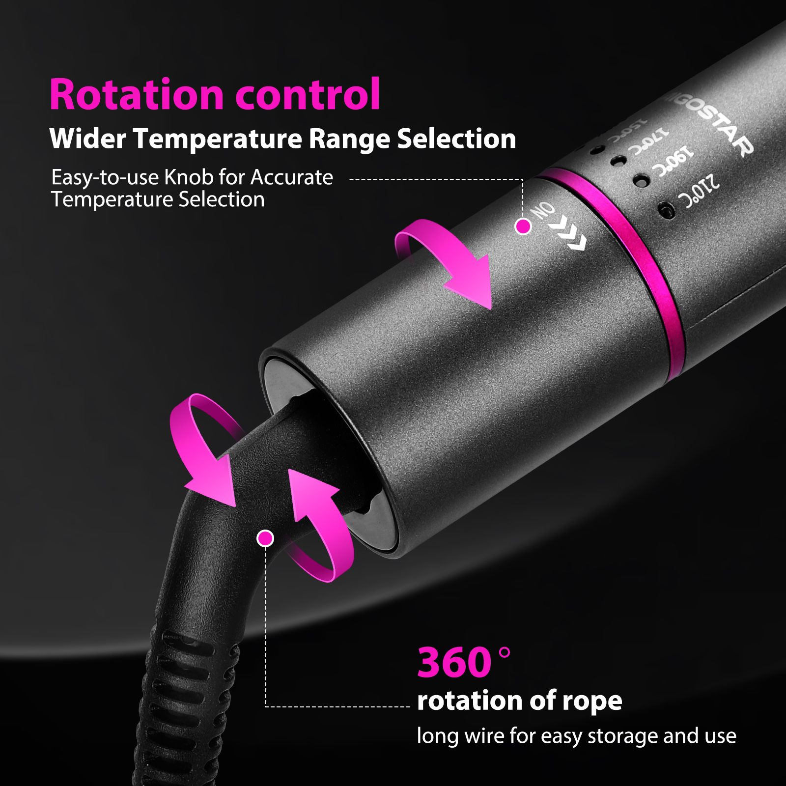 Rizador de pelo con controles de temperatura y cable giratorio de 360 grados.