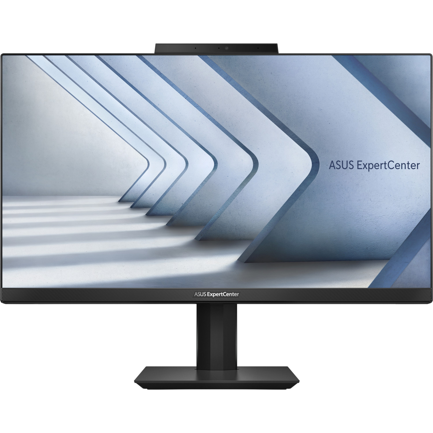 Un monitor per computer nero con webcam in alto, mostra una grafica azzurra e bianca.