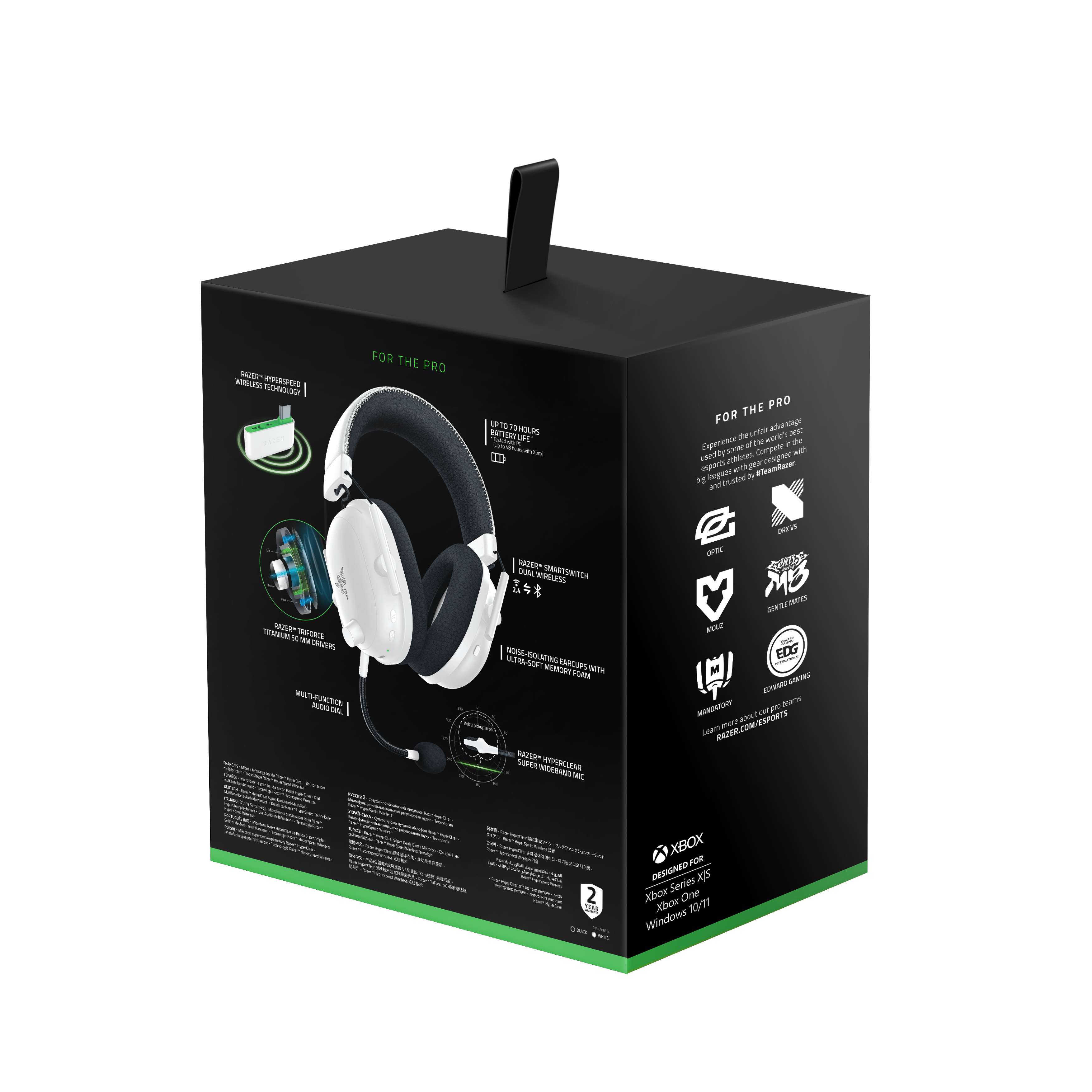 Czarno-białe pudełko słuchawek, z tekstem, obrazami i napisem 'FOR THE PRO'.