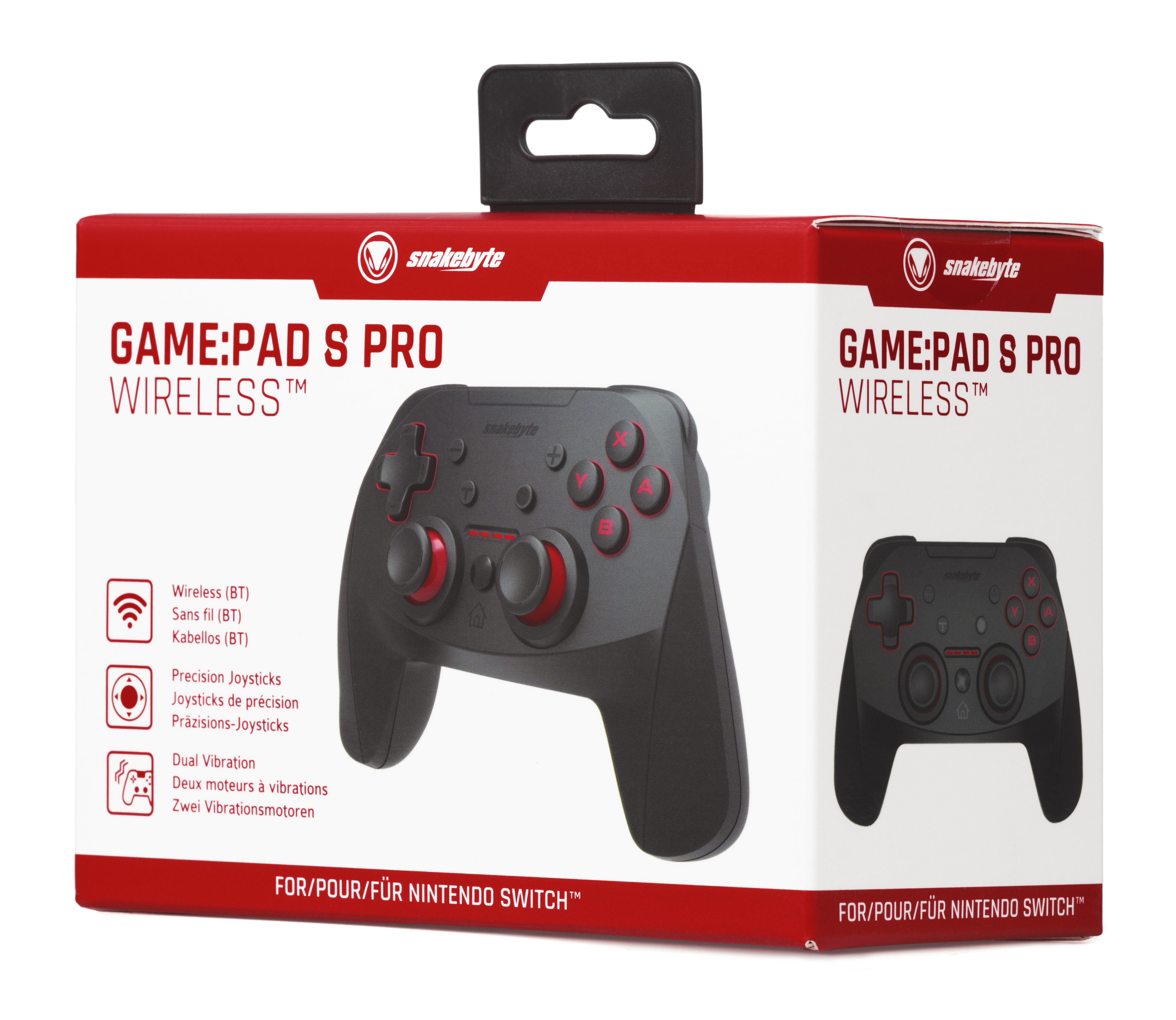 Pudełko kontrolera gier dla Nintendo Switch, czarny kontroler z czerwonymi akcentami.