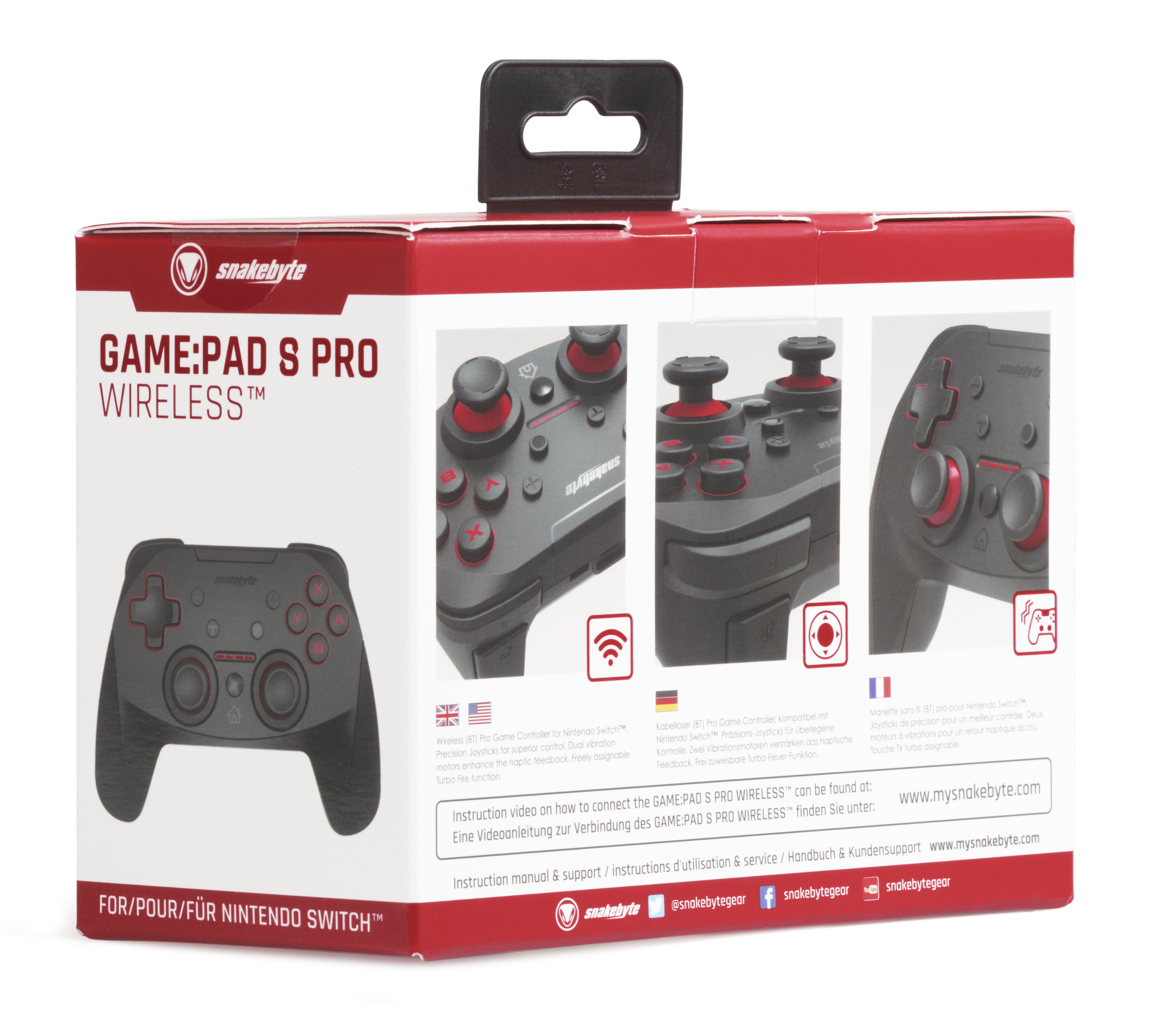 Back of a gamepad box. Shows gamepad image and features, including a Nintendo Switch logo.