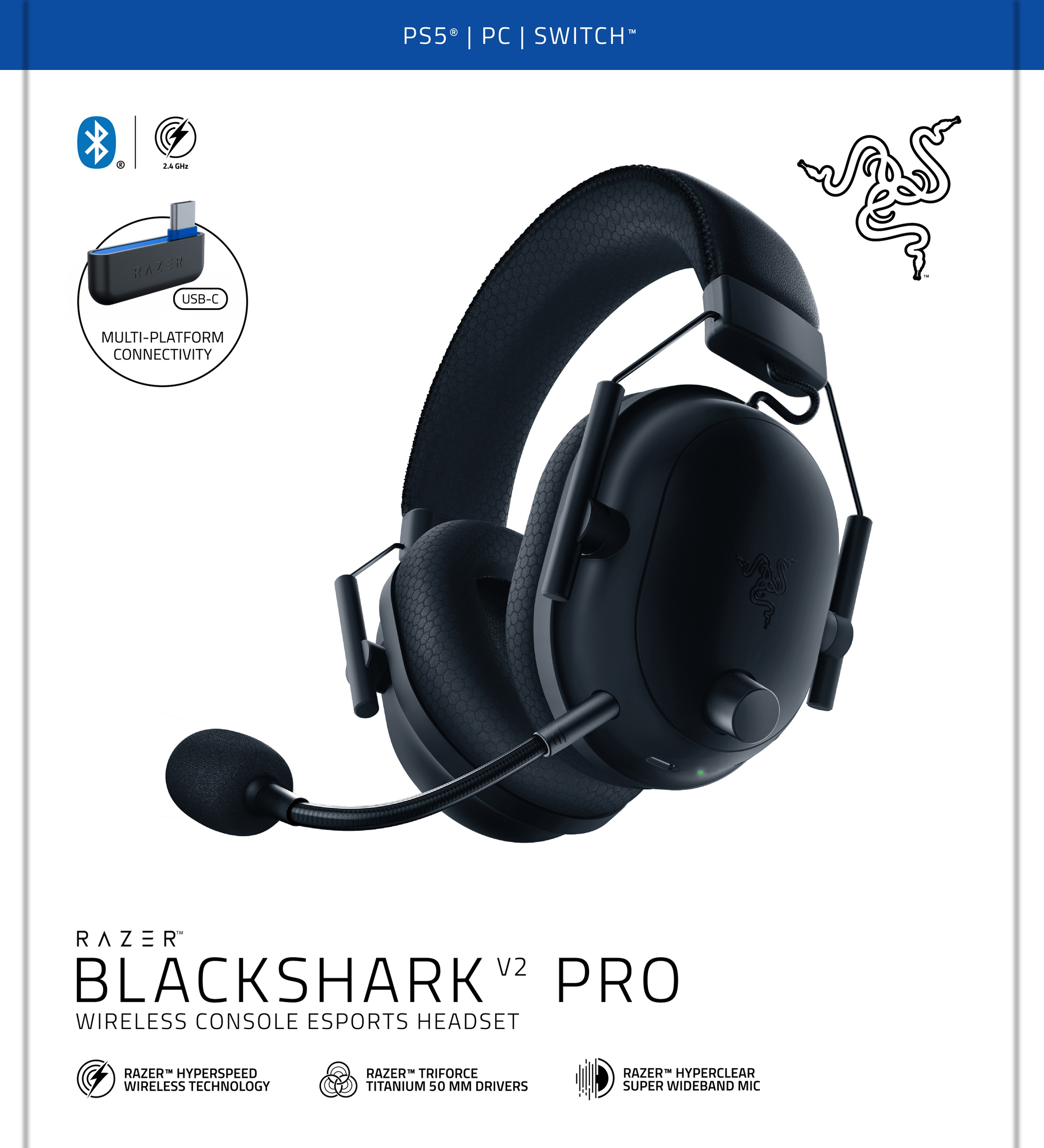 Zwarte Razer Blackshark V2 Pro gaming headset met microfoon en USB-C adapter.