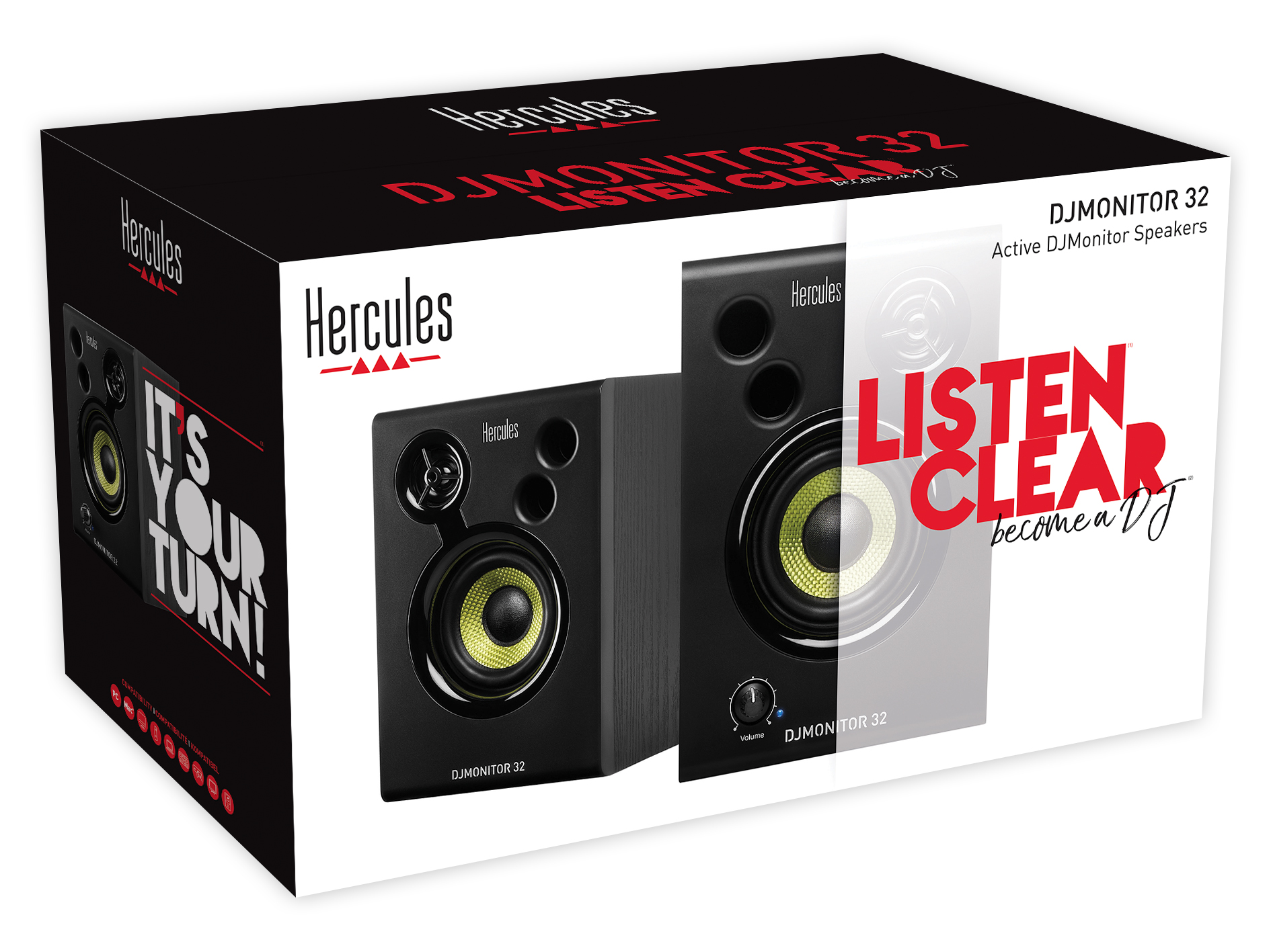 Een Hercules DJ-monitorbox met twee luidsprekers. Tekst zegt "DJMONITOR 32 LISTEN CLEAR become a DJ!"