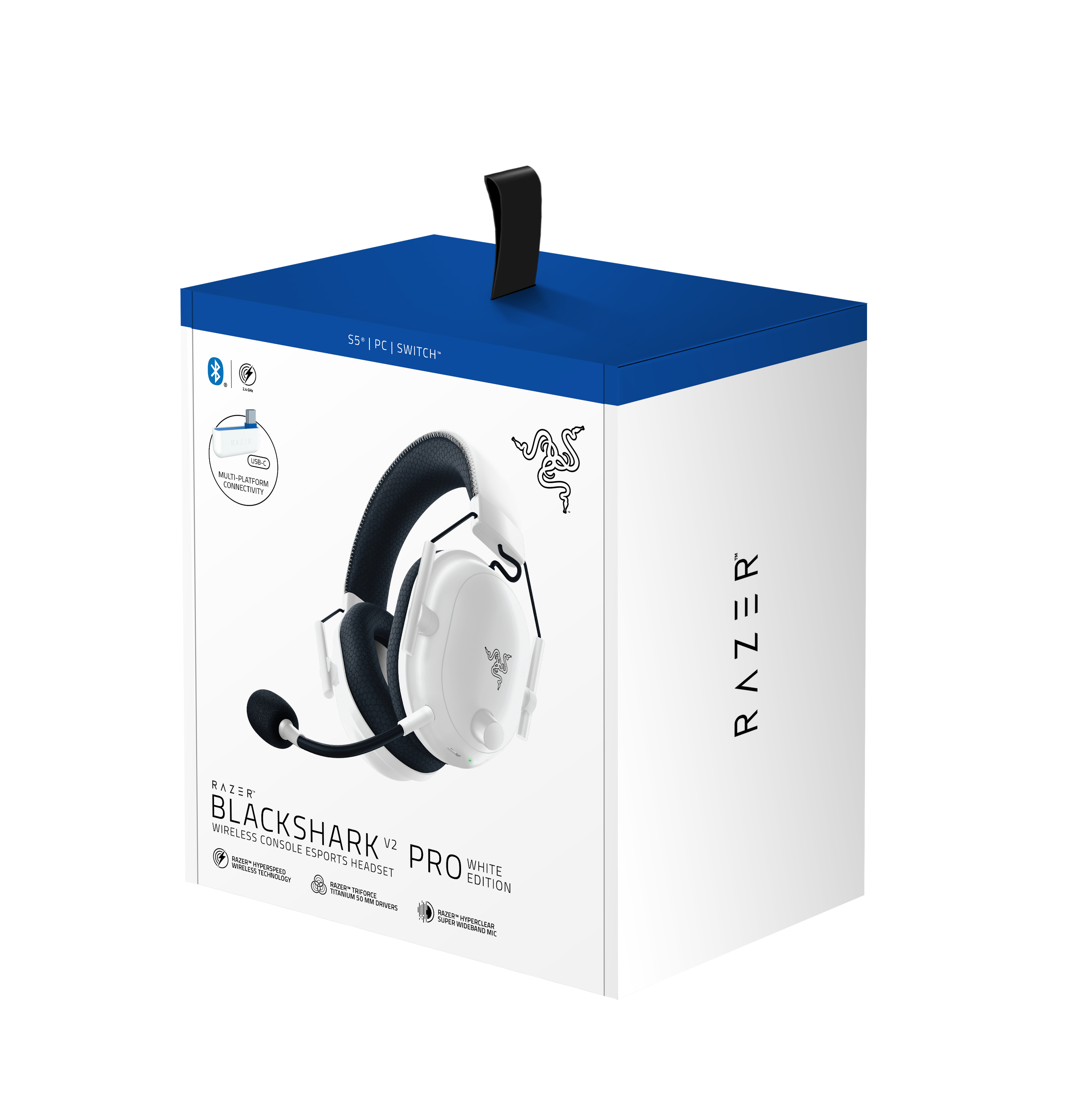 Witte en blauwe Razer headset doos. Voorzien van een Blackshark V2 Pro headset.