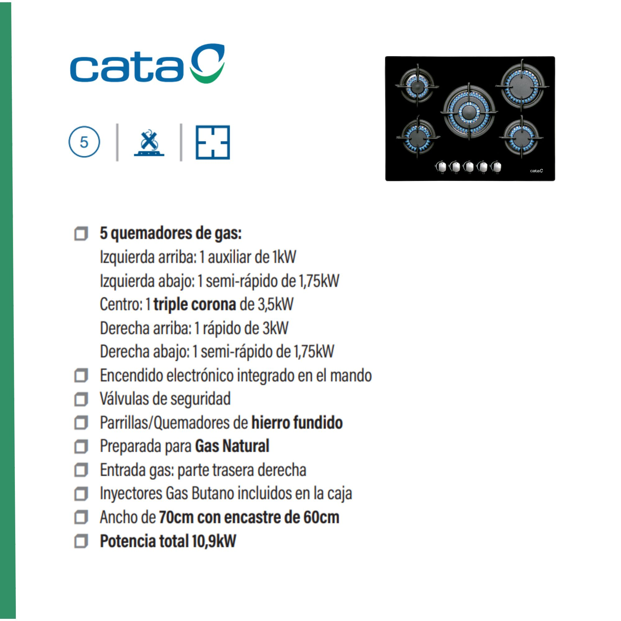 Un elenco delle caratteristiche di un fornello a gas Cata. Include bruciatori a gas, accensione elettronica e altro.