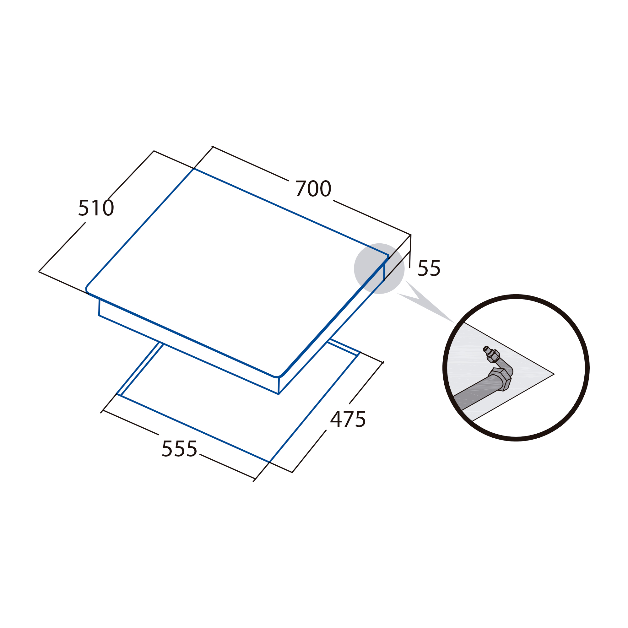 Diagramma di un piano cottura con dimensioni e dettaglio di un disegno a mano.