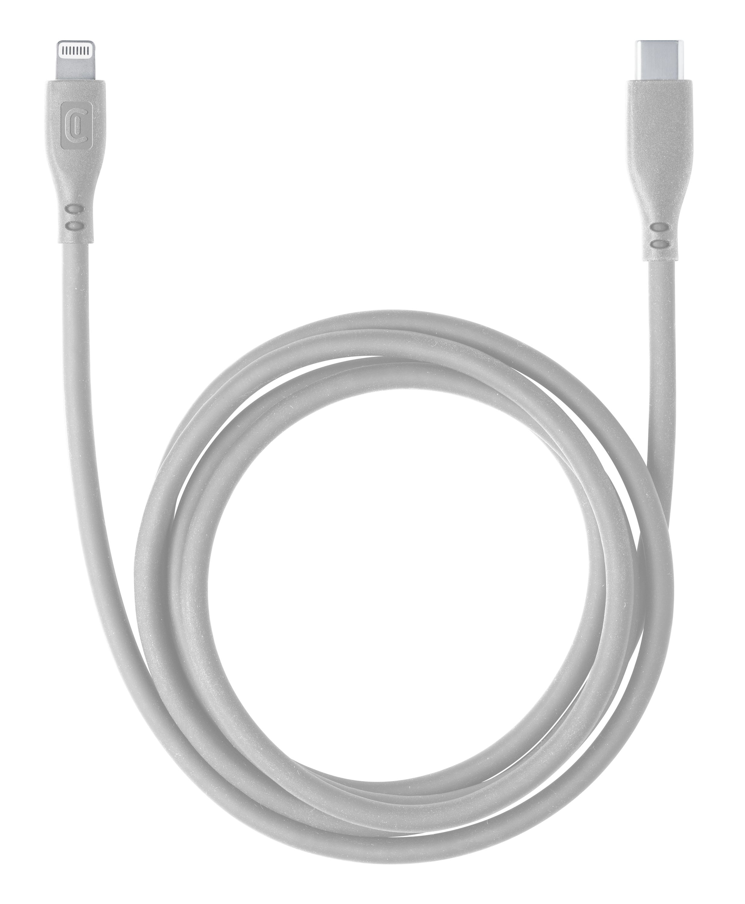 Câble blanc Lightning vers USB-C, enroulé sur fond blanc.