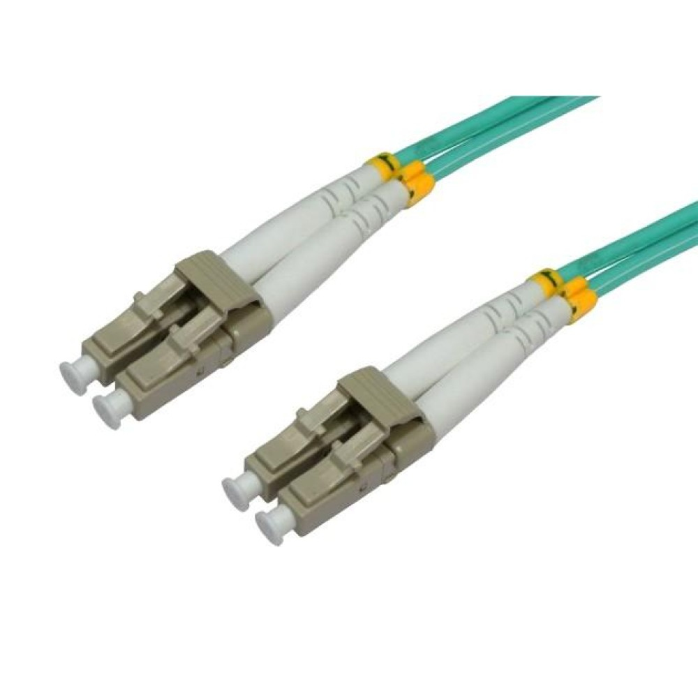 Due cavi in fibra ottica verdi con connettori bianchi e fermi grigi.
