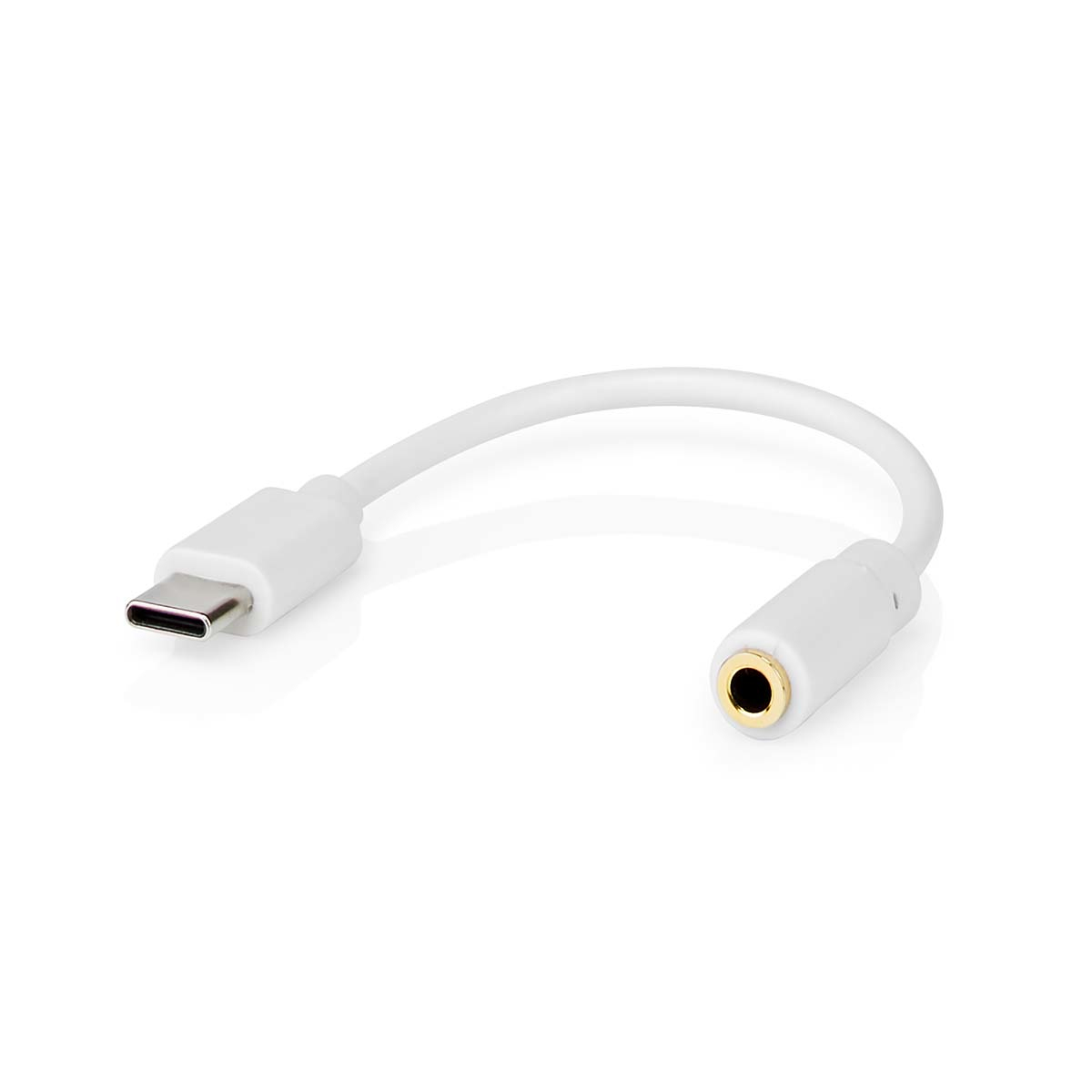 Weißer USB-C-zu-3,5-mm-Audioadapter. Der Stecker ist goldfarben. Weißer Hintergrund.